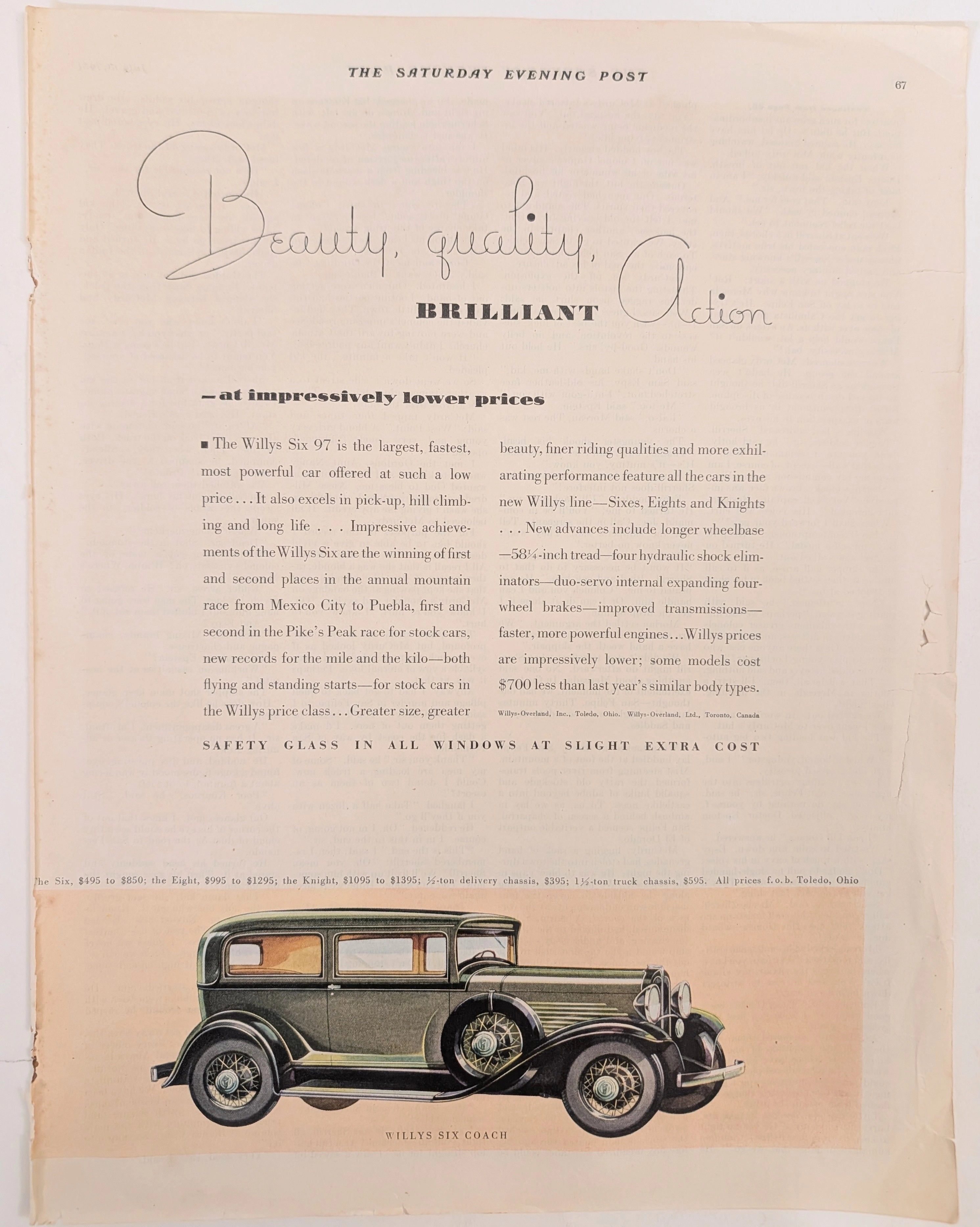 1931 Willys Six 97 Coach vintage advertisement highlighting performance, engineering features, and lowered prices.