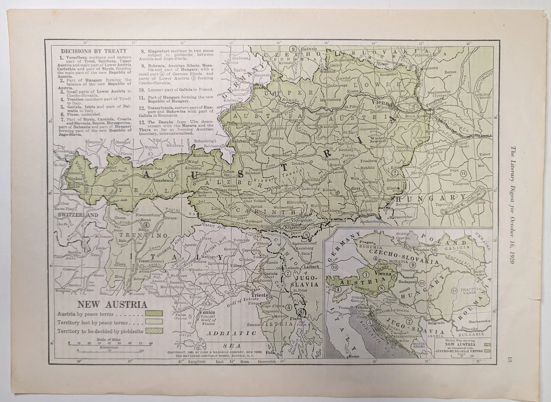 Hand-colored treaty map page titled New Austria from The Literary Digest, October 16, 1920.