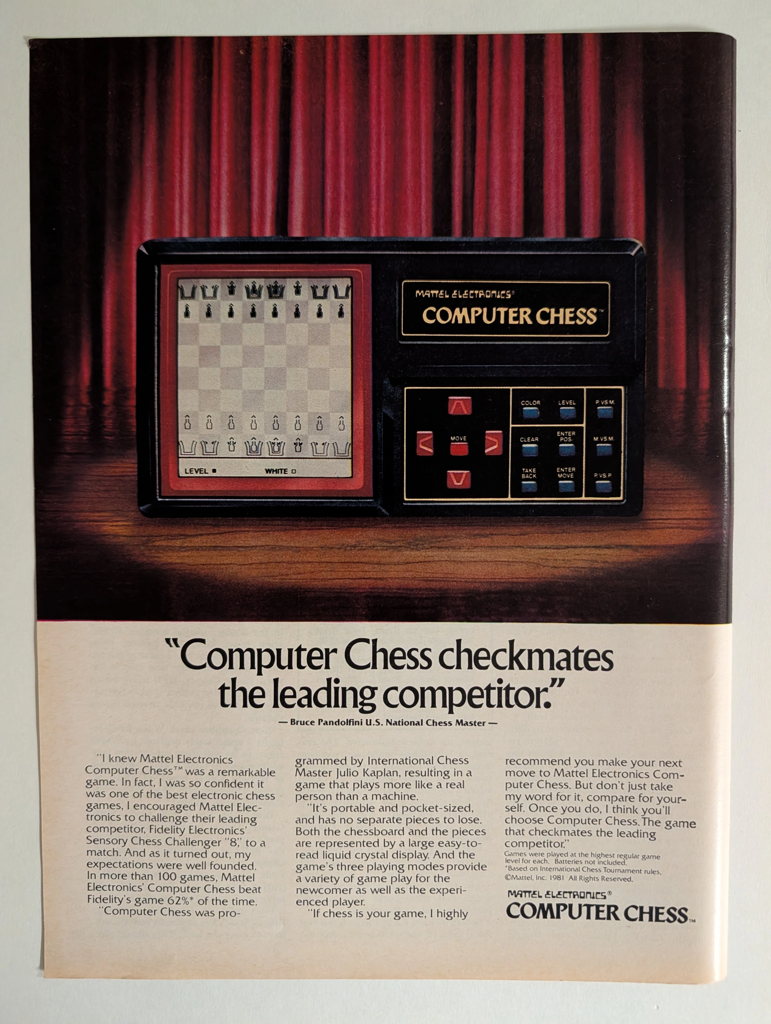 โฆษณา Mattel Electronics Computer Chess 1981 | Bruce Pandolfini | วิเคราะห์เชิงลึก 5 ภาษา Rarity Class A — The Record Institute Journal