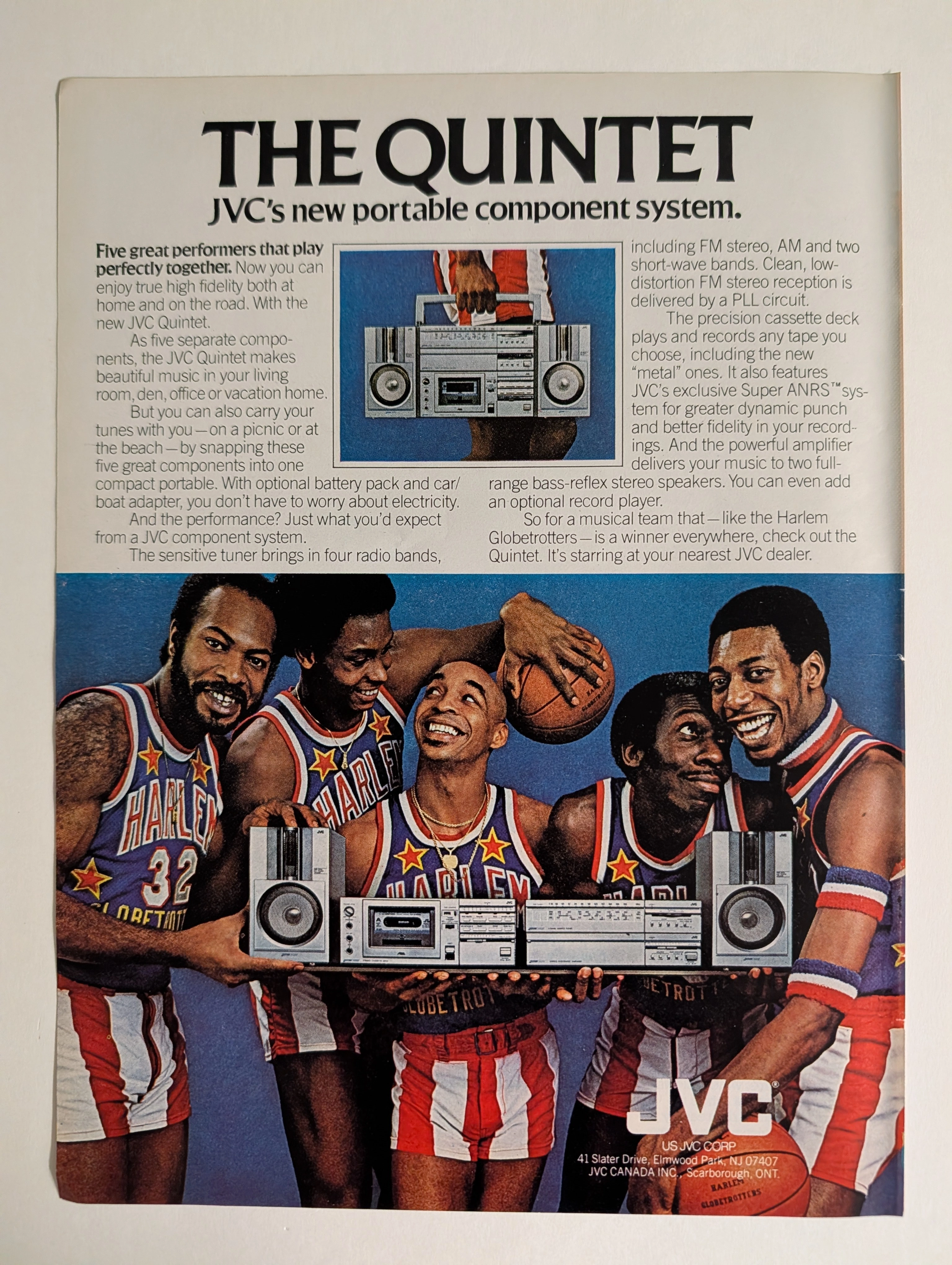 Vintage JVC Quintet Ad: 盒式收音机艺术与哈林环球旅行者 | The Record (1980) vintage advertisement — Class B