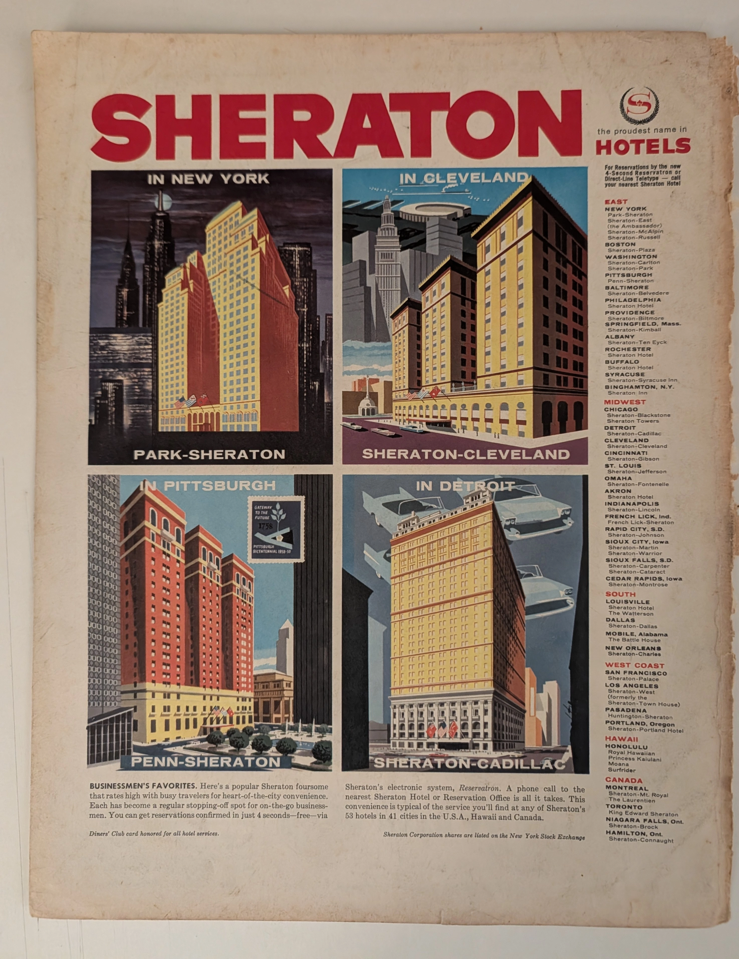 Vintage Sheraton Hotels advertisement featuring colorful illustrations of iconic hotel buildings in four major US cities, mid-century architectural art on original aged magazine paper. Vintage Sheraton Hotels advertisement featuring colorful illustrations of iconic hotel buildings in four major US cities, mid-century architectural art on original aged magazine paper.