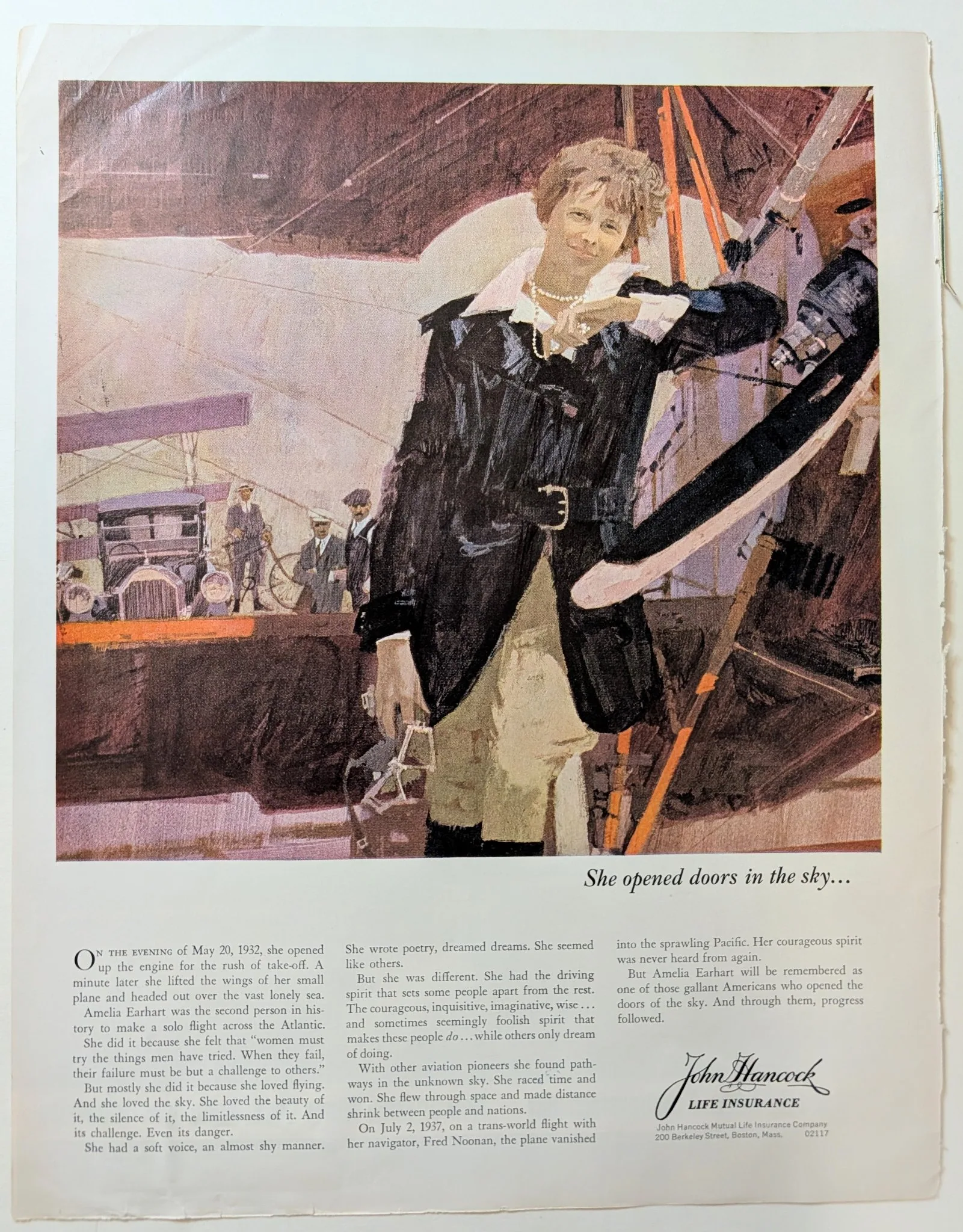 Full-page John Hancock Life Insurance magazine ad: painted portrait of Amelia Earhart in flight jacket beside her aircraft, headline "She opened doors in the sky...", three columns of copy.