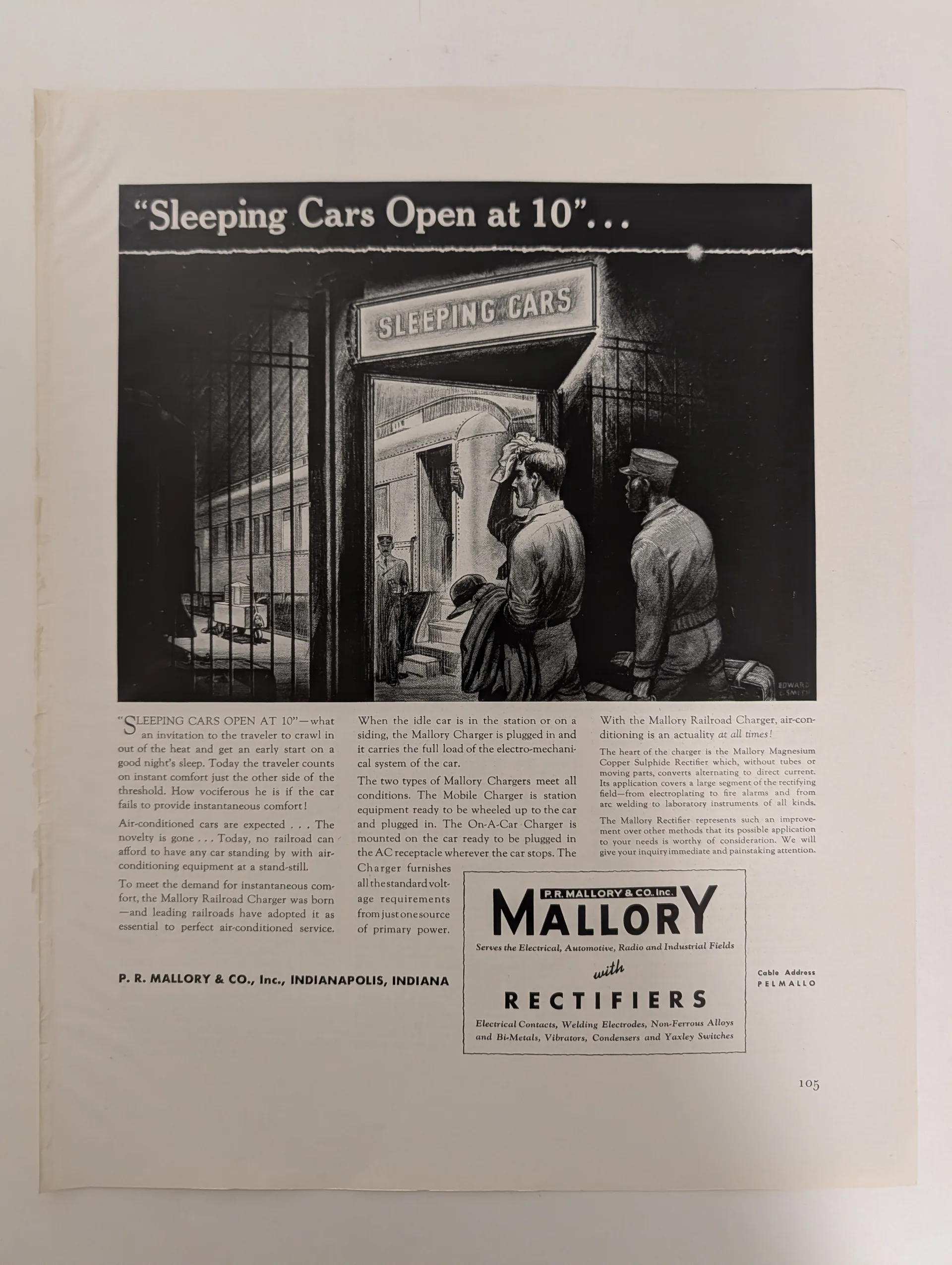 Undated P.R. Mallory & Co. magazine ad: night railway-station illustration headlined "Sleeping Cars Open at 10" for the Mallory Railroad Charger.
