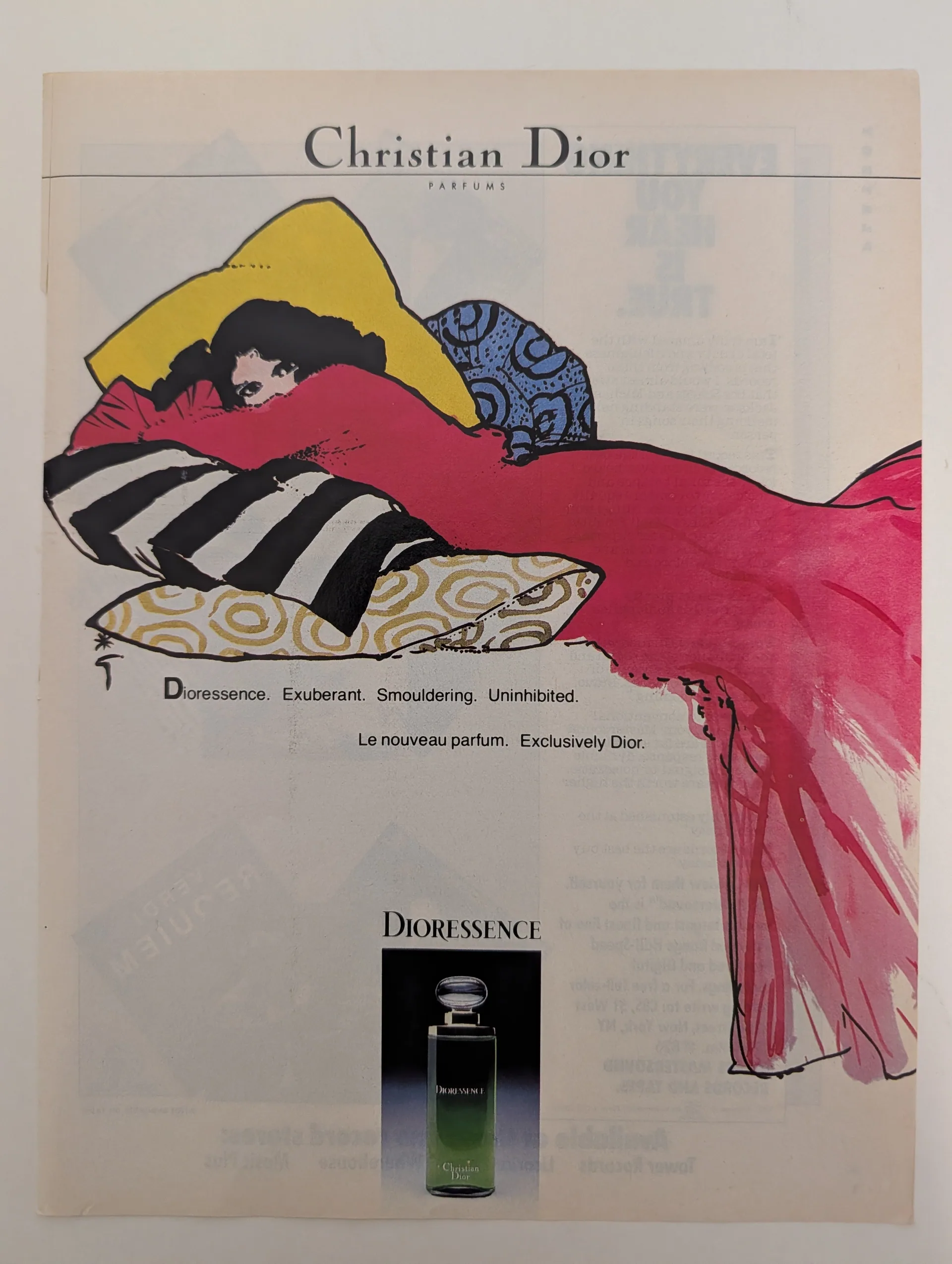 Undated full-page Christian Dior perfume advertisement for Dioressence, with a fashion illustration of a reclining woman and the green bottle in a black inset.