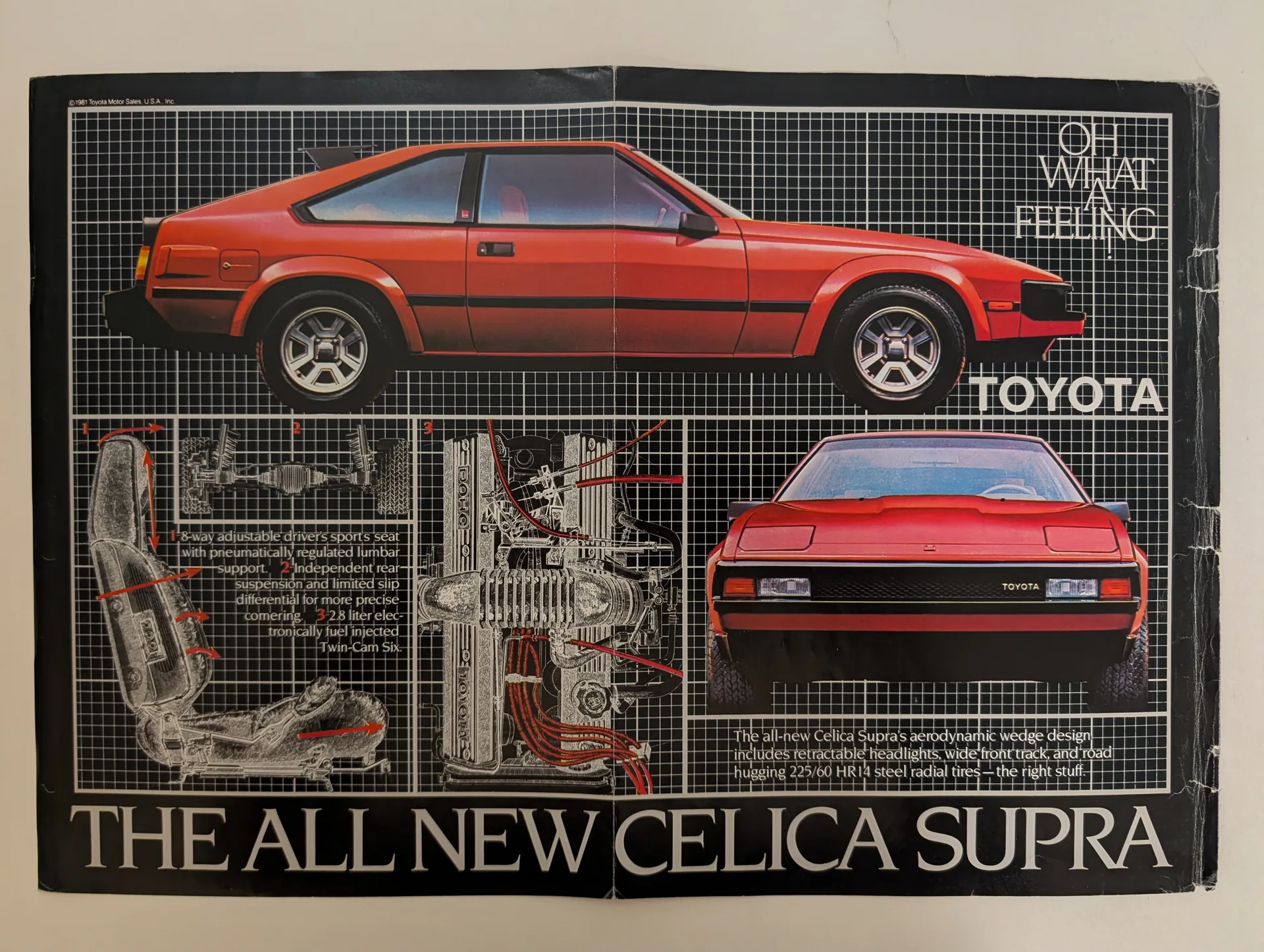 Two-page magazine advertisement for the 1981 Toyota Celica Supra: red wedge coupe in side and front three-quarter views on a black blueprint-style grid, with three numbered technical cutaway diagrams 
