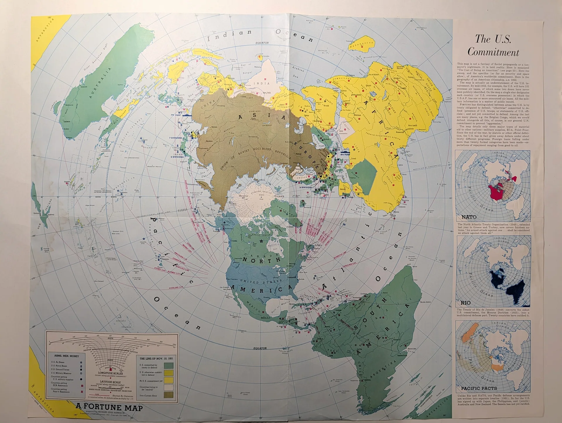 1952 FORTUNE The U.S. Commitment map supplement by Richard Edes Harrison