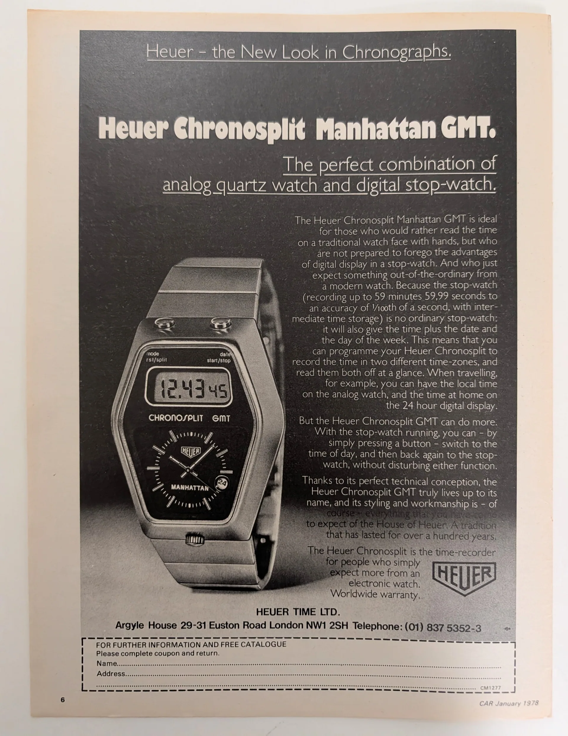 1978 Heuer Chronosplit Manhattan GMT vintage advertisement