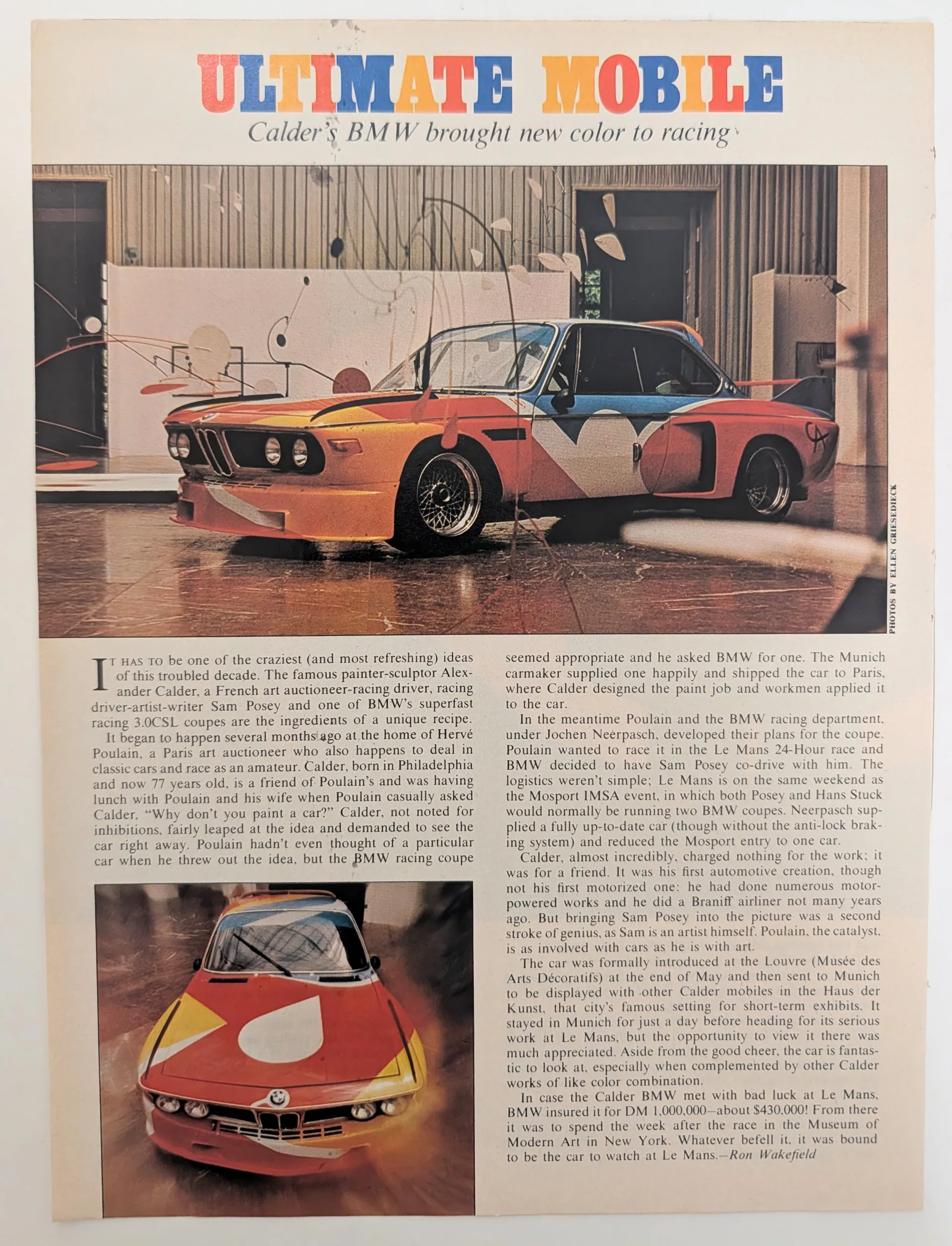 1975 Alexander Calder BMW 3.0 CSL Art Car magazine editorial