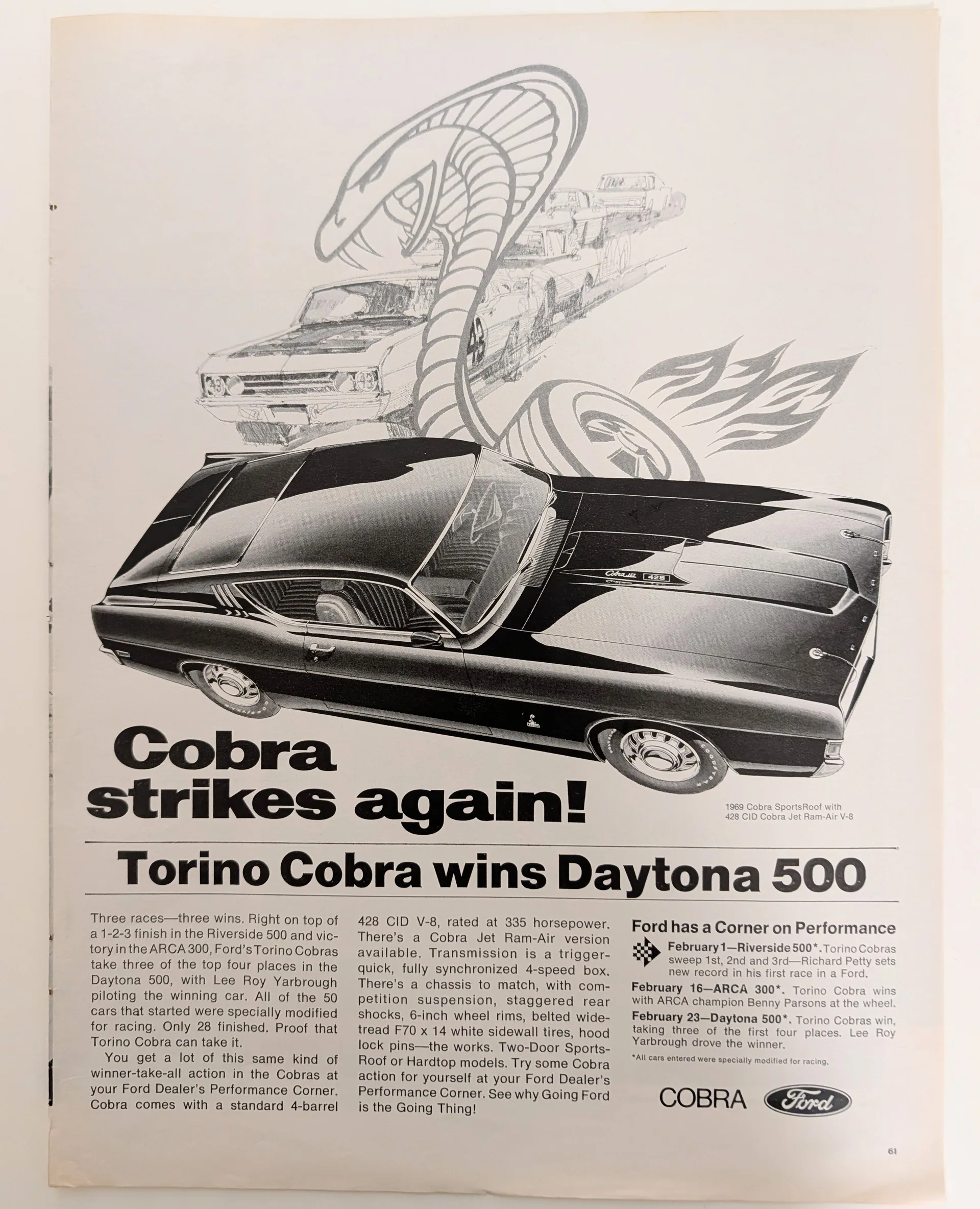 1969 Ford Torino Cobra Daytona 500 vintage advertisement