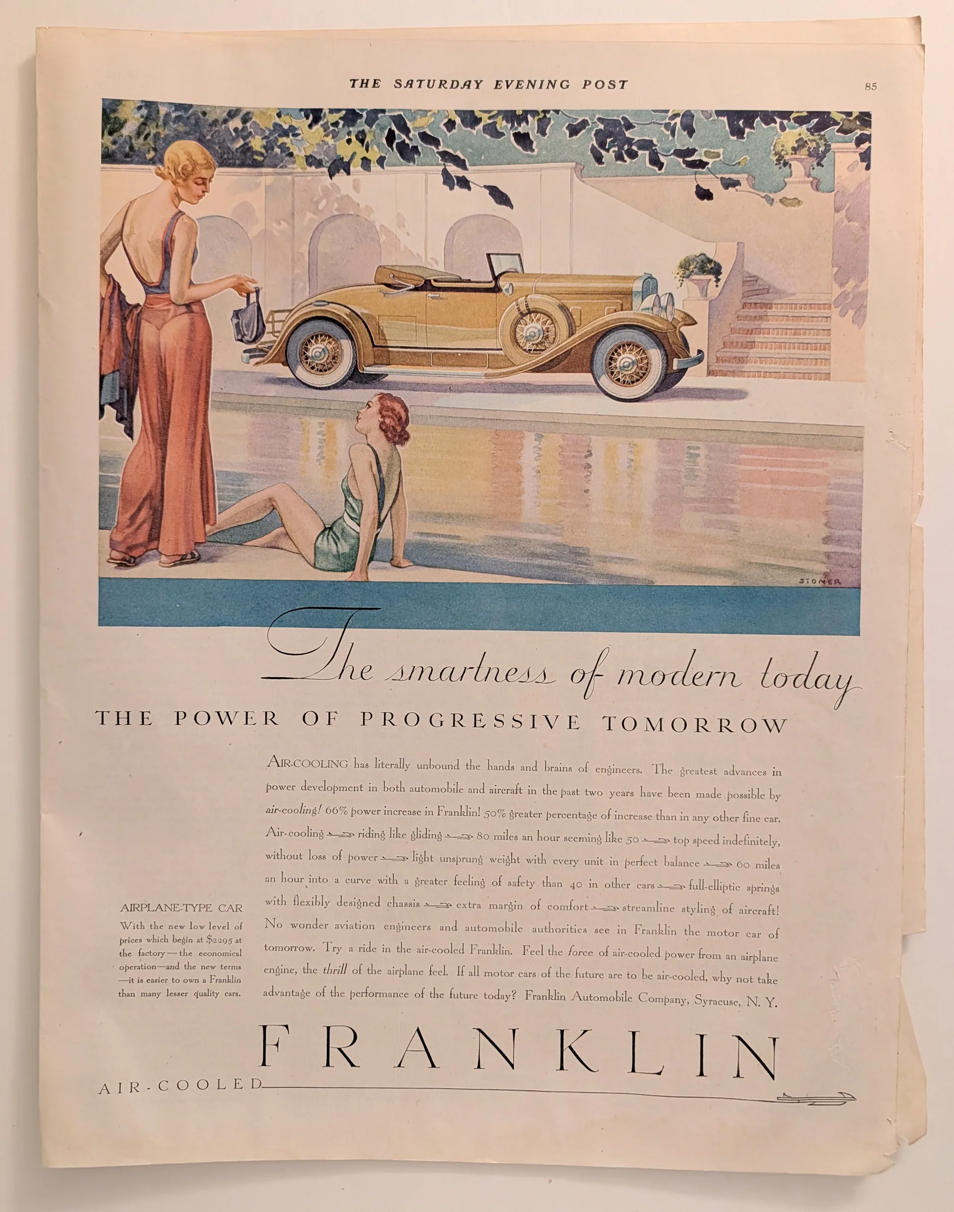 Full-page Saturday Evening Post advertisement for Franklin air-cooled automobile showing gold roadster by water with two women, headline "Airplane-Type Car," illustration signed "Stoner."