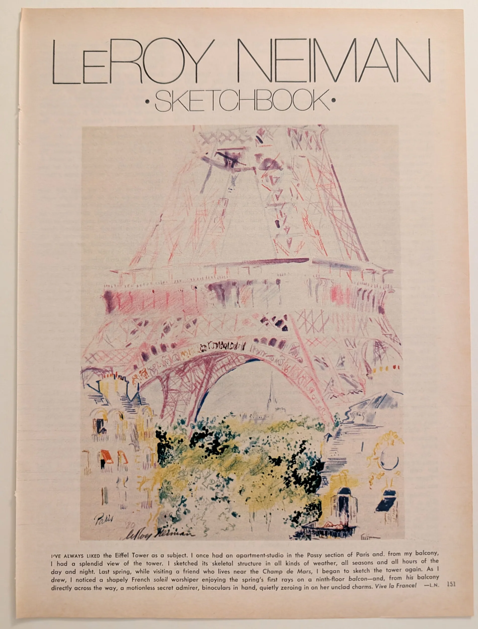 Editorial art page reproducing LeRoy Neiman's color Eiffel Tower sketch inscribed "Paris" and "'80," with printed signature; folio 151; source publication unidentified.