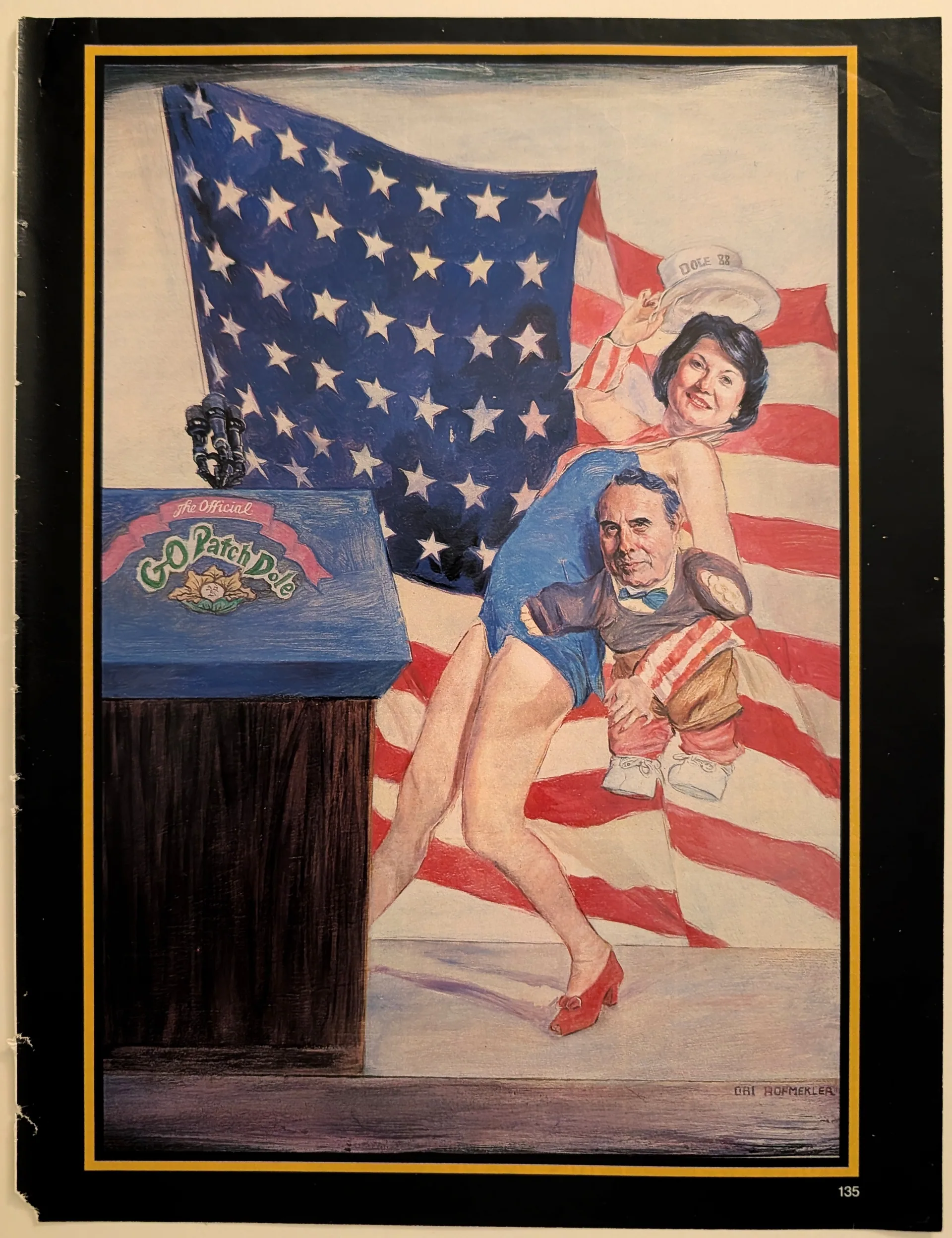 Signed c.1988 periodical illustration satirizing Bob Dole's 1988 presidential campaign as a mock "Official GO Patch Dole" doll advertisement; publication unidentified.
