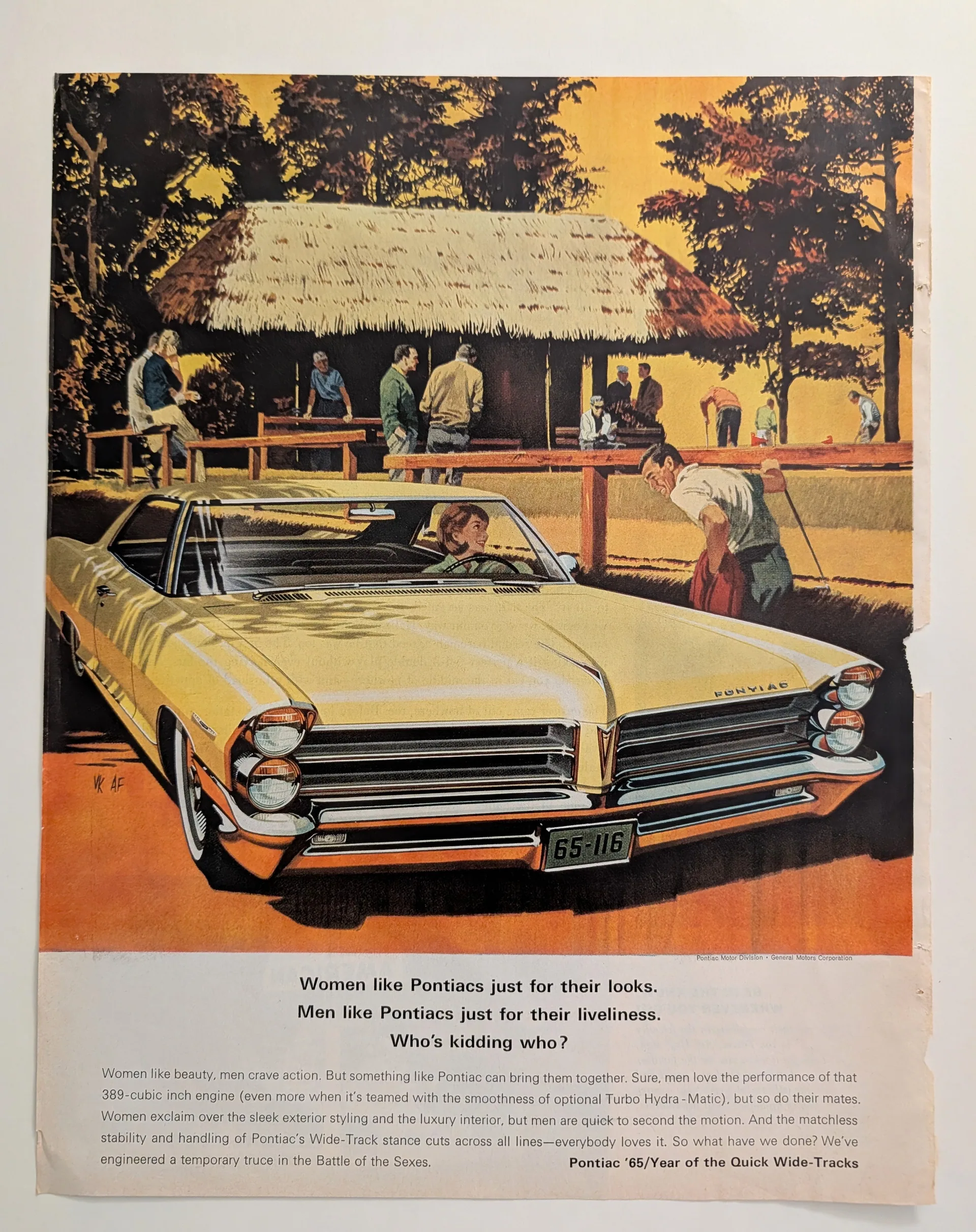 1965 magazine advertisement showing a cream Pontiac hardtop at a golf club, headline "Women Like Pontiacs Just for Their Looks," illustration signed "VK AF."