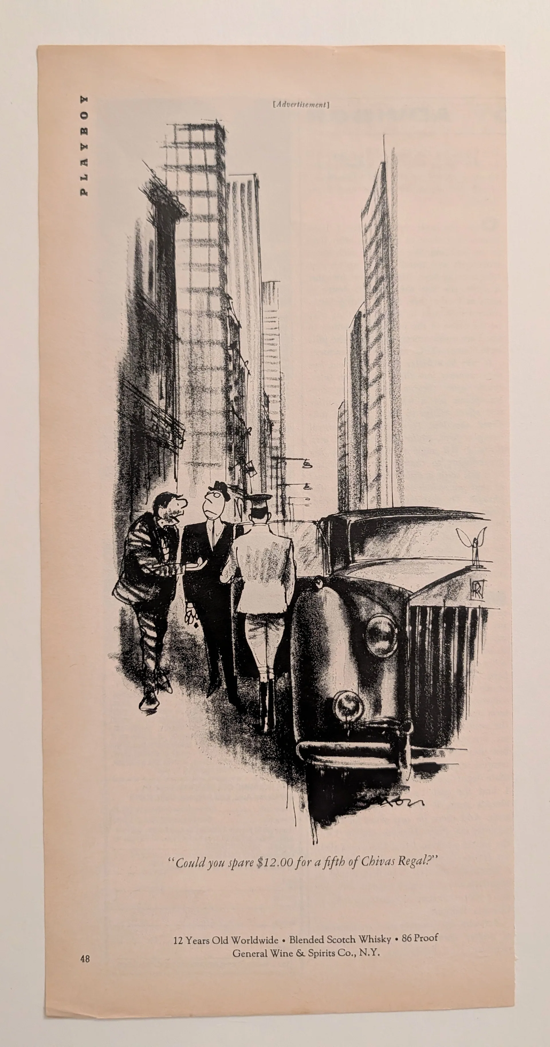Undated full-page black-and-white Playboy magazine advertisement showing a cartoon beggar asking "Could you spare 12.00 USD for a fifth of Chivas Regal?" with fine print and artist signature.