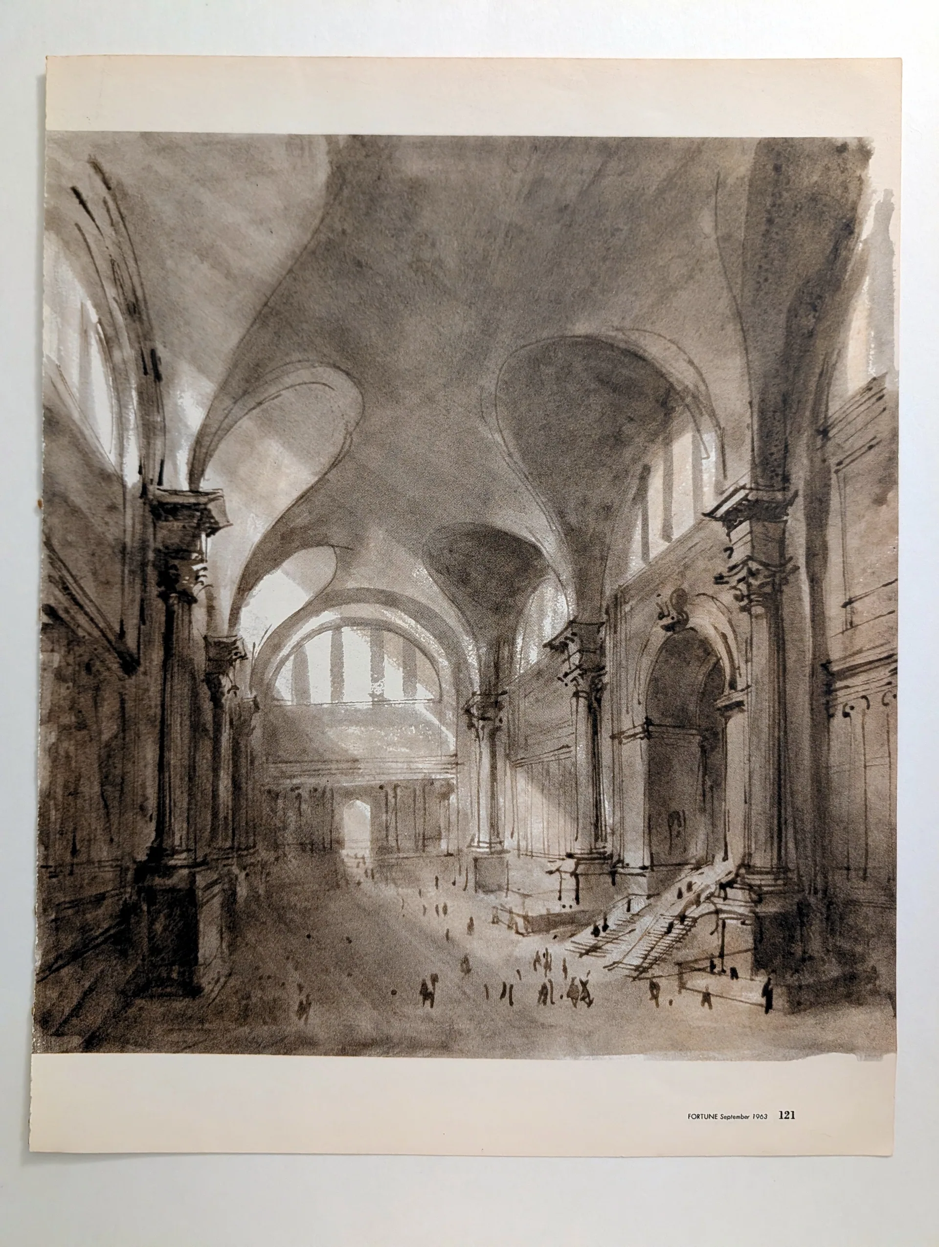Sepia wash illustration of a grand vaulted interior with columns and arches, page 121 of Fortune magazine, September 1963.