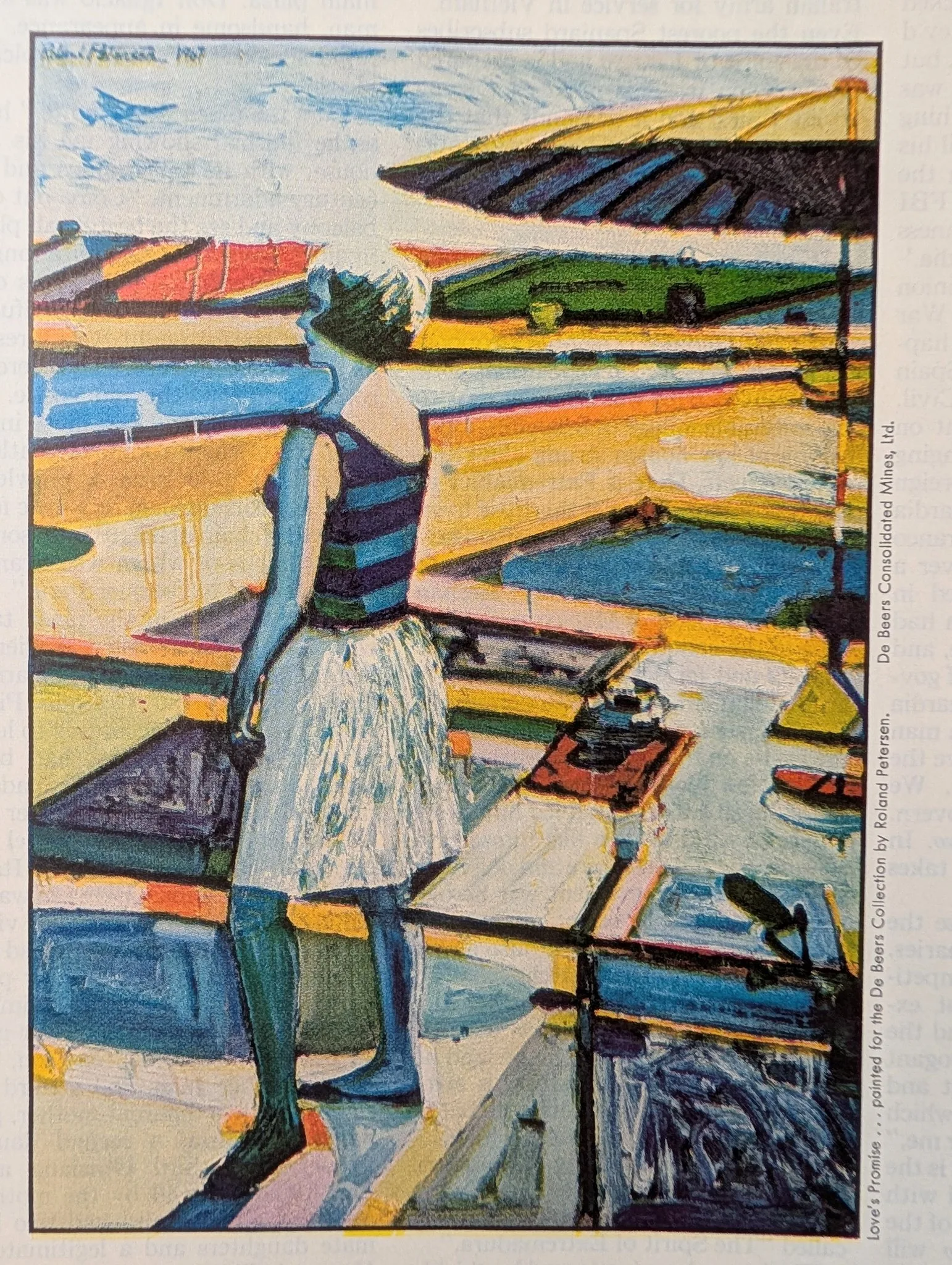 De Beers magazine ad reproducing Roland Petersen's 1967 painting Love's Promise: woman in striped top and white skirt under striped umbrella; A diamond is forever slogan; October 1967 price guide.