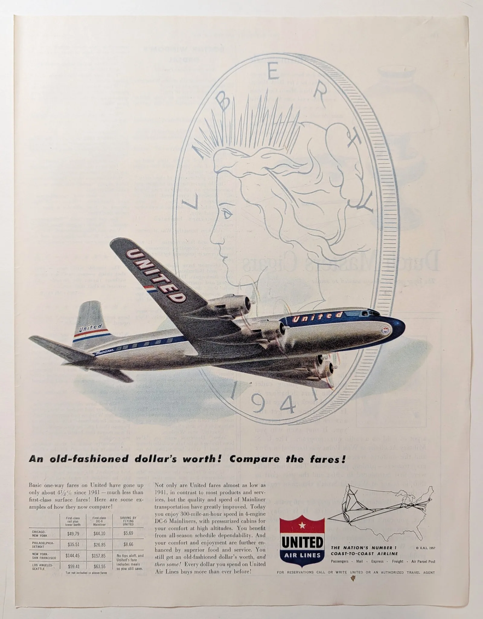Full-page 1952 United Air Lines magazine advertisement: a four-engine DC-6 airliner in flight against a giant pale watermark of a 1941-dated Liberty-head silver dollar coin, above the headline "An old