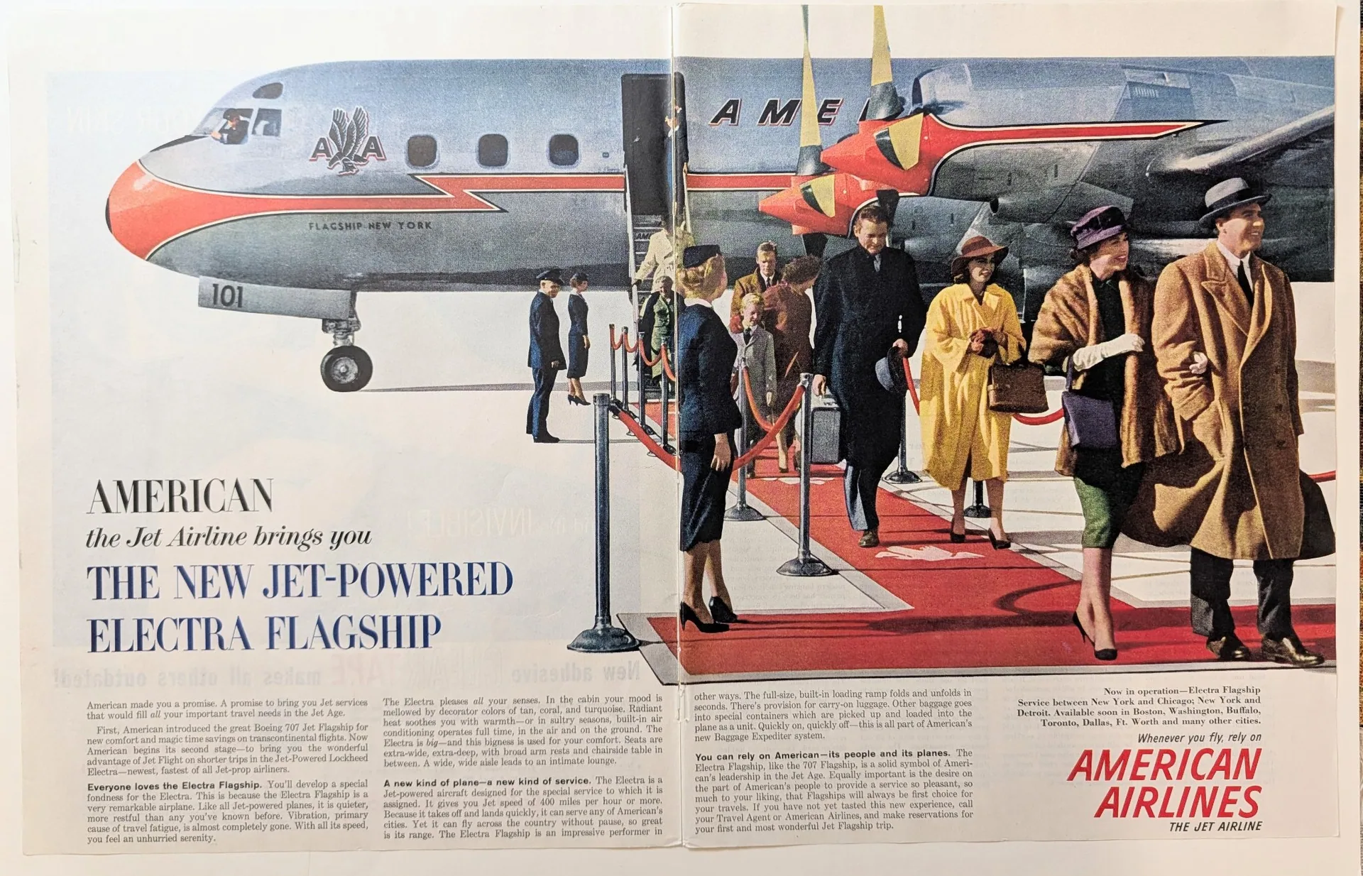 Two-page 1959 American Airlines magazine advertisement for "The New Jet-Powered Electra Flagship," showing a Lockheed L-188 Electra in flight above clouds with the airline's eagle emblem.