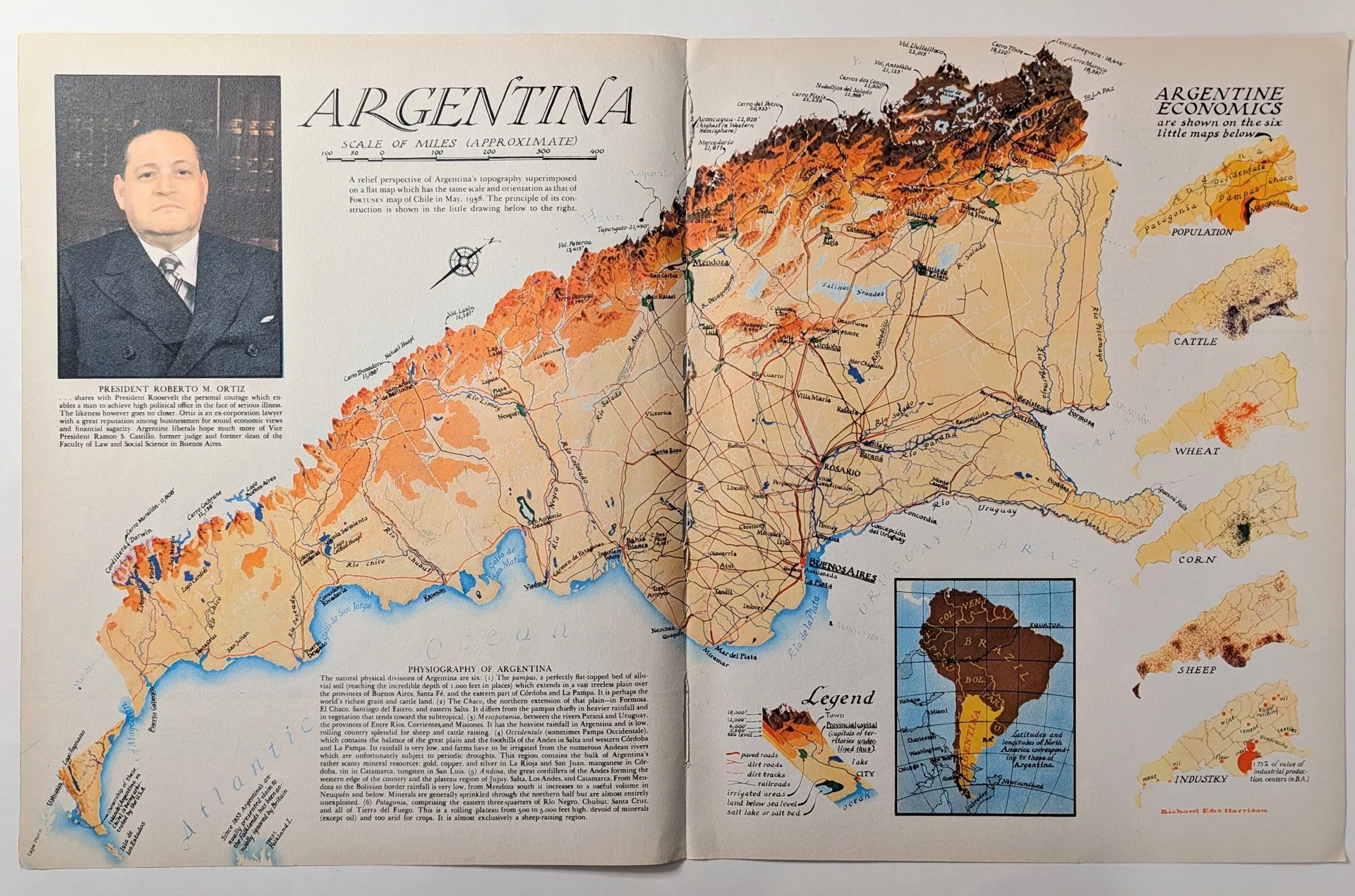 Two-page FORTUNE spread: Richard Edes Harrison's relief-perspective map of Argentina, portrait of President Roberto M. Ortiz, six economic inset maps, Harrison's printed credit.