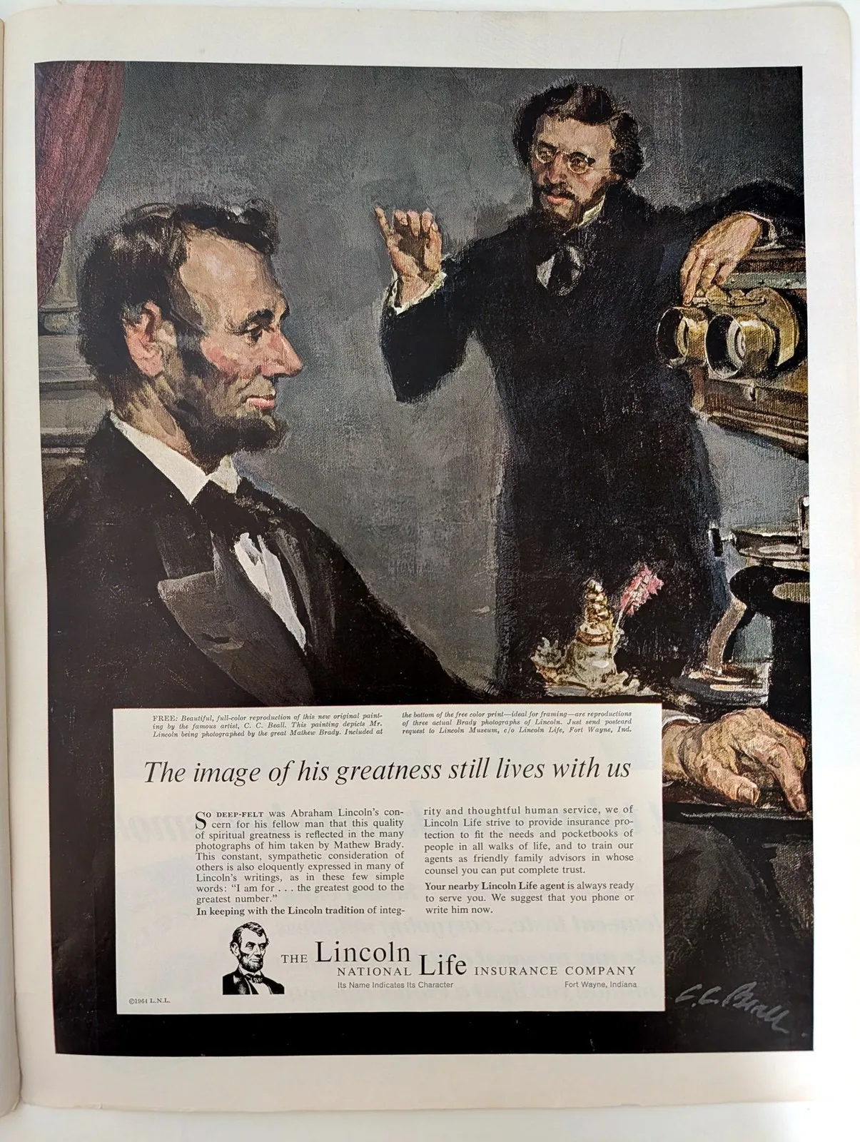 1964 Lincoln National Life Insurance vintage magazine advertisement featuring C. C. Beall's painting of Abraham Lincoln sitting for Mathew Brady
