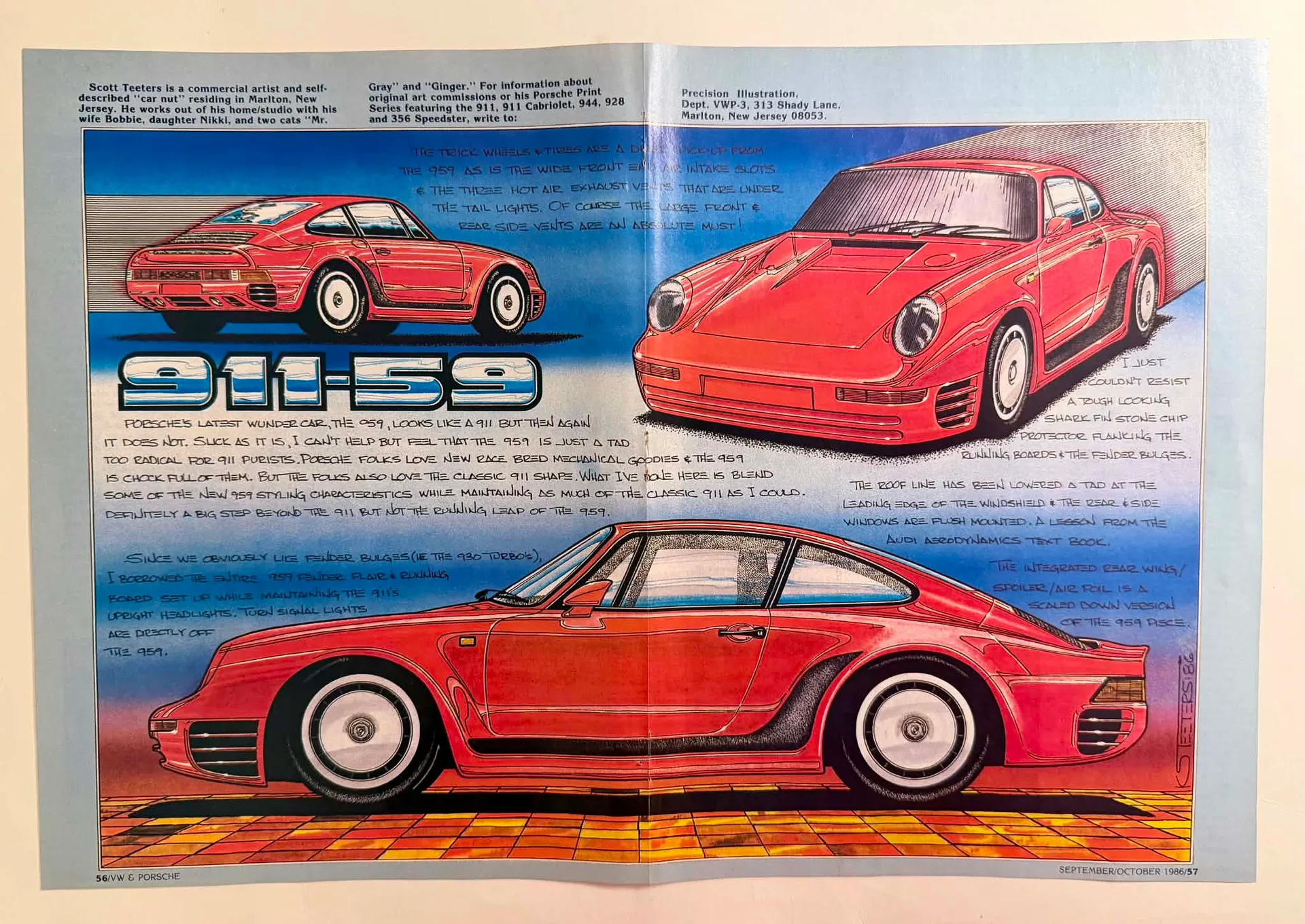 Two-page magazine spread featuring three hand-drawn illustrations of a modified red Porsche 911 named 911-59, signed S Teeters.