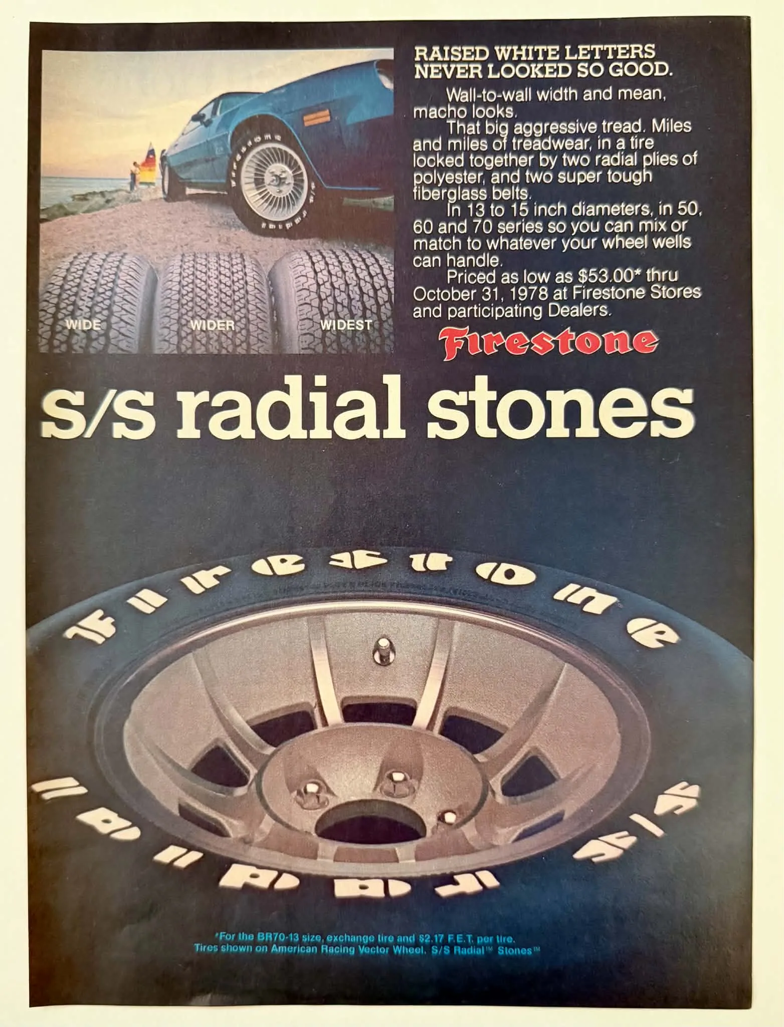 1978 Firestone S/S Radial Stones tires vintage advertisement.
