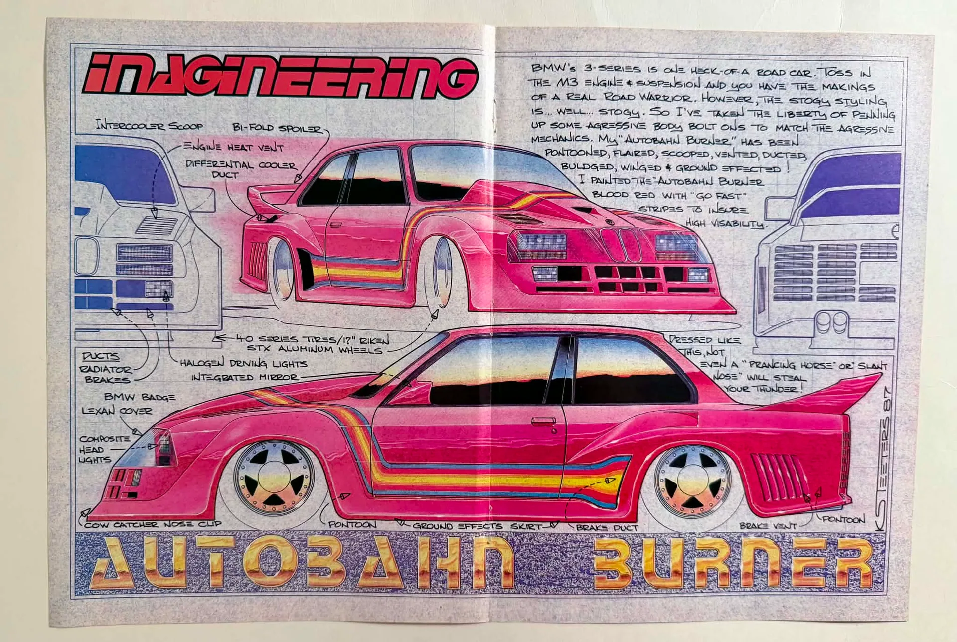 Two-page magazine spread featuring hand-drawn marker illustrations of a heavily modified red BMW 3-Series titled "Autobahn Burner", signed K. Steeters.