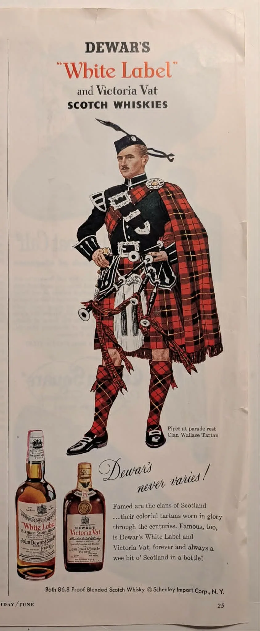 1950 Dewar's White Label and Victoria Vat vintage advertisement featuring a Clan Wallace bagpiper.