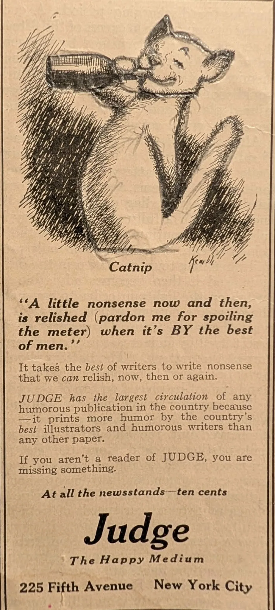 Circa 1915 Judge Magazine Catnip vintage advertisement
