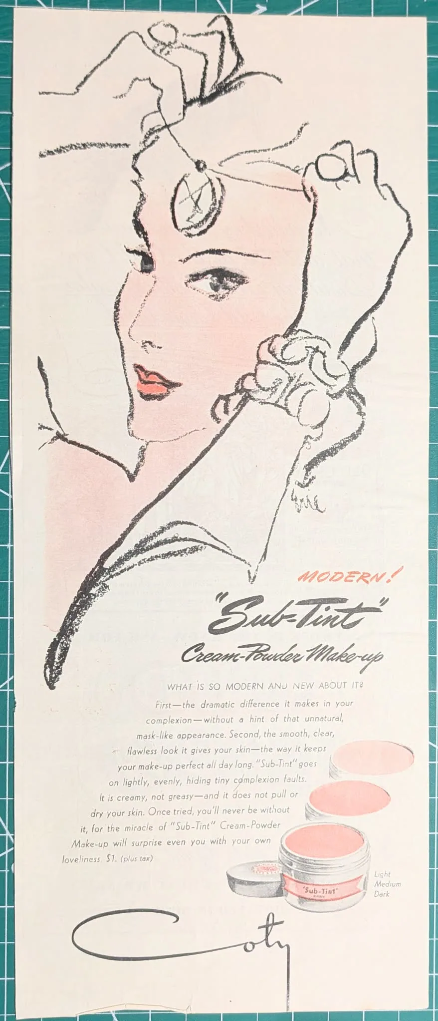1940s Coty Sub-Tint Cream-Powder Make-up vintage ad featuring a classic hand-drawn beauty illustration.