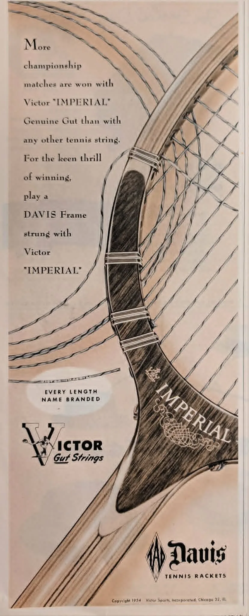 1954 Victor Sports Davis Tennis Rackets vintage advertisement.