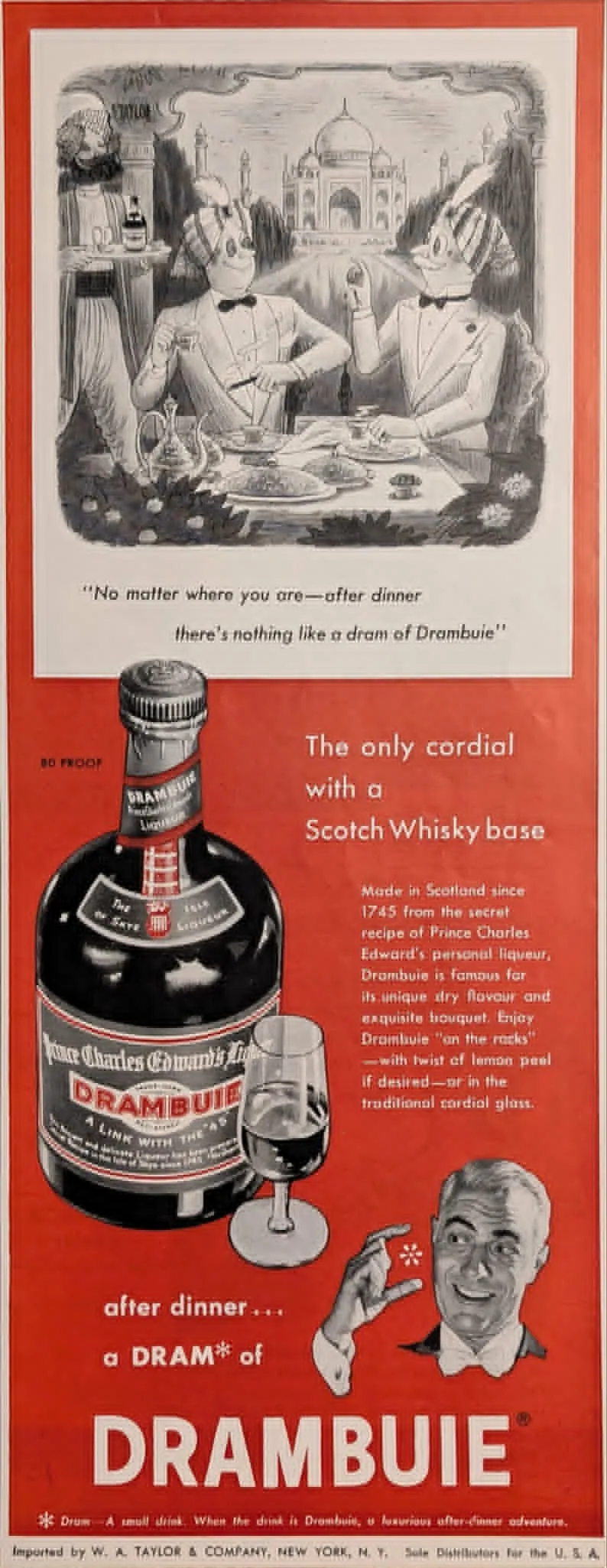 1953 Drambuie Liqueur vintage ad featuring a Taj Mahal illustration by Richard Taylor and a colorized bottle.