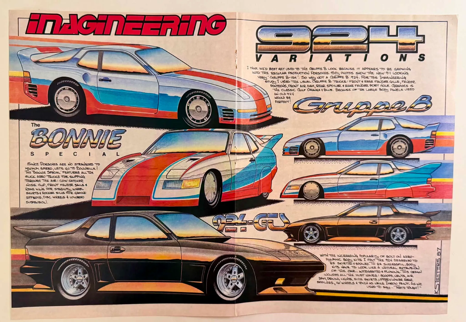 Two-page magazine spread featuring four hand-drawn illustrations of modified Porsche 924 cars, titled "Imagineering", displaying 1980s aesthetic modifications.