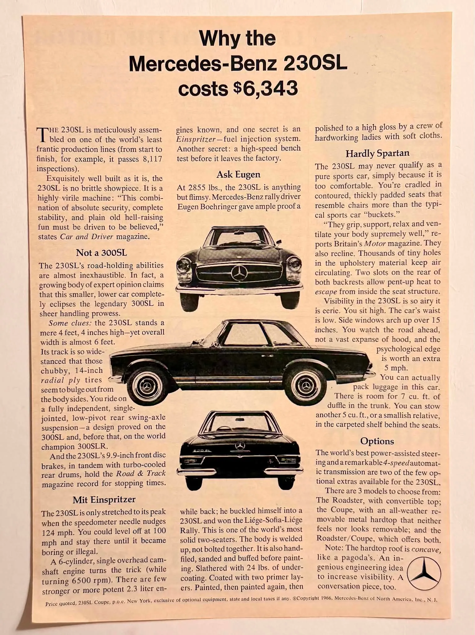 1966 Mercedes-Benz 230SL vintage advertisement.