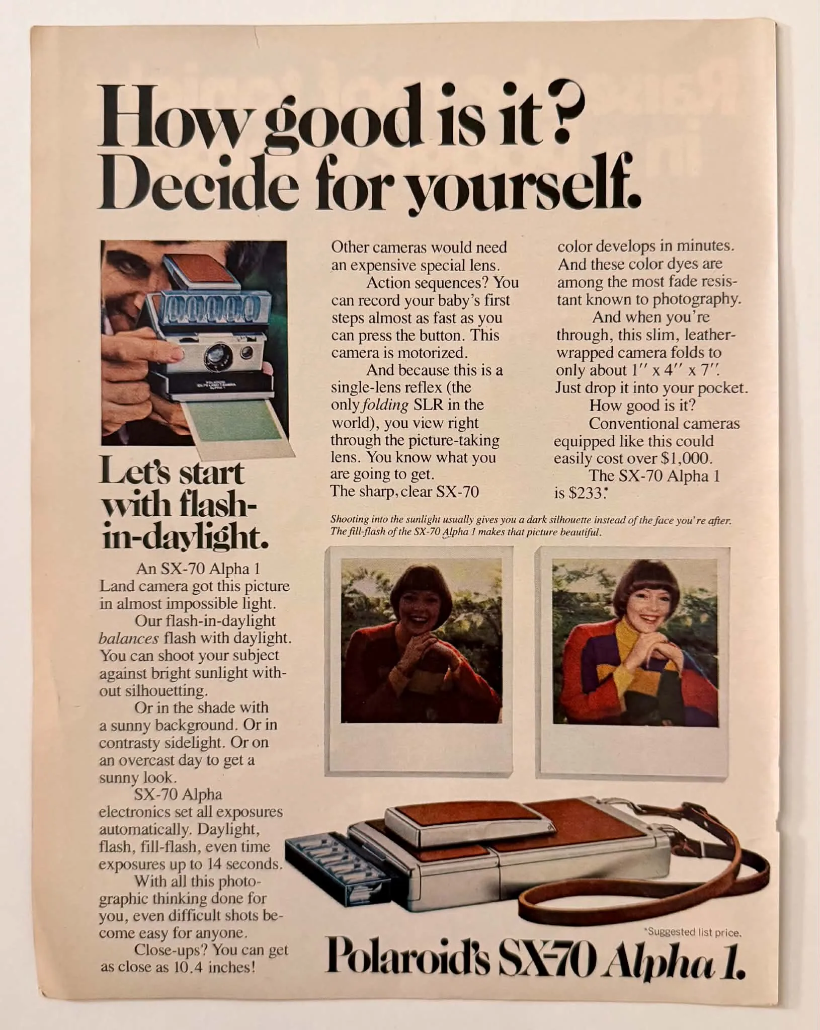 1977 Polaroid SX-70 Alpha 1 vintage advertisement.