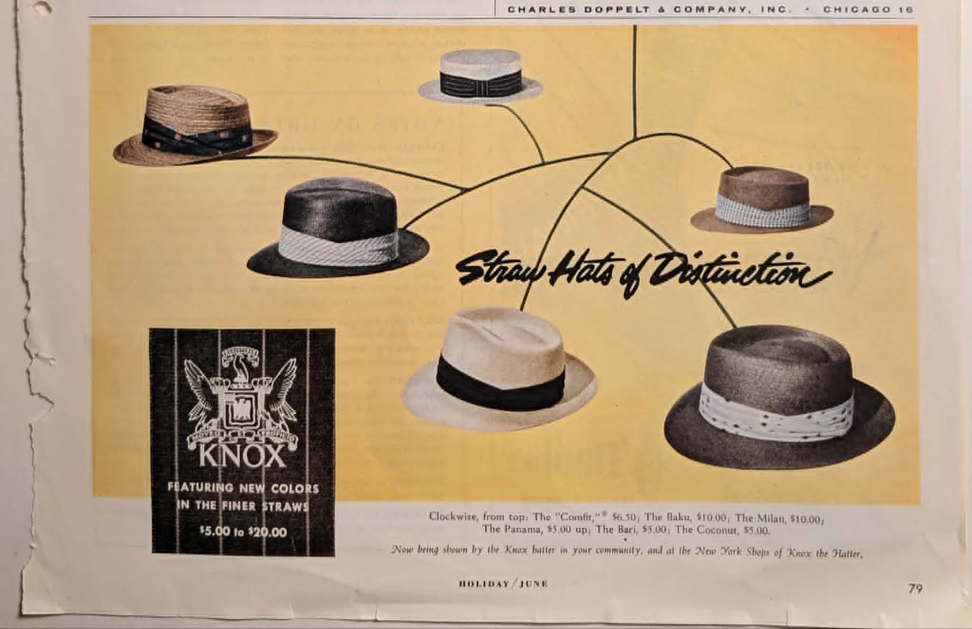 c. 1950 Knox men's straw hats vintage advertisement.
