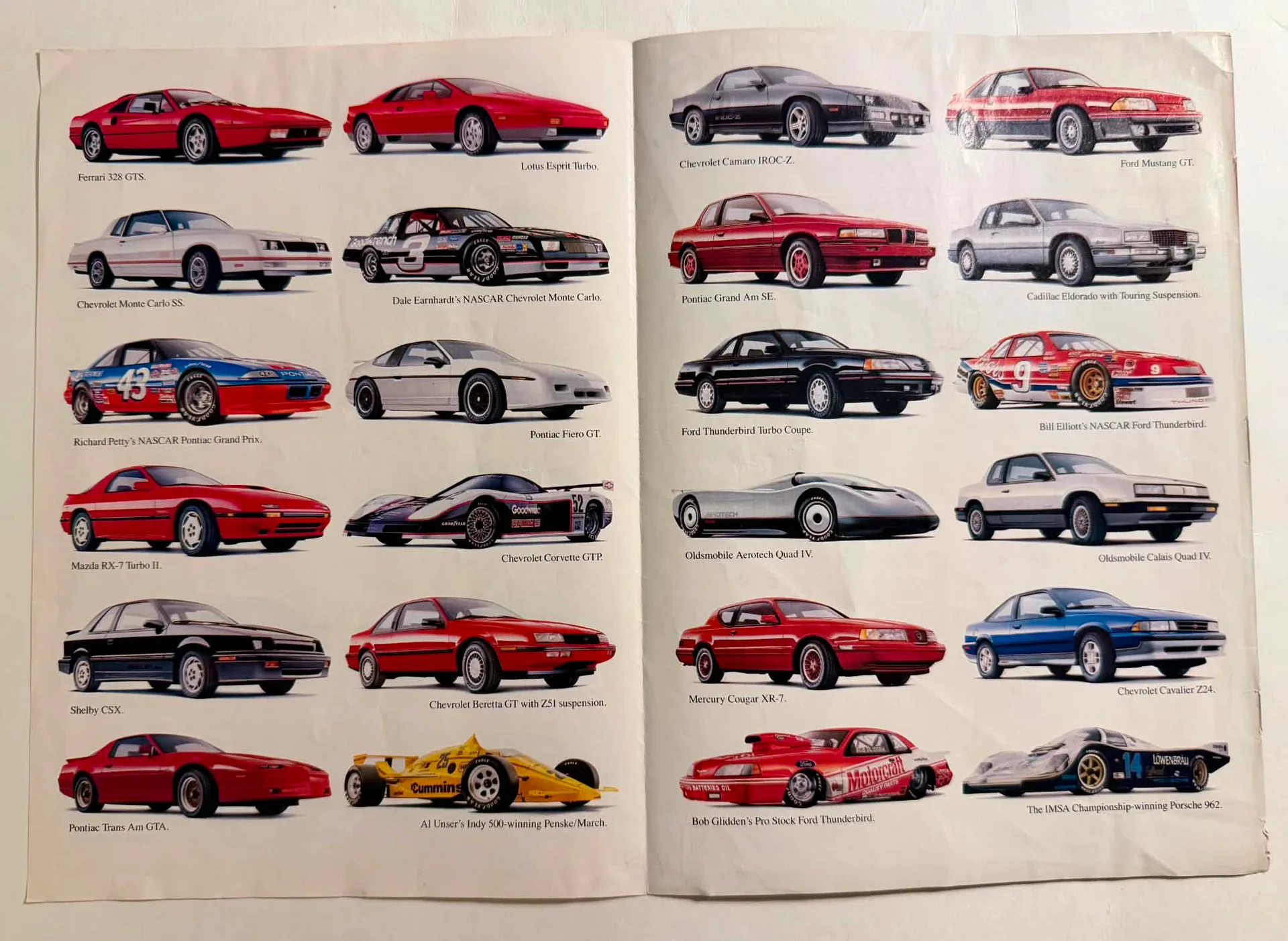 Multi-page magazine spread featuring a rigorous grid of 1980s production sports cars and legendary racing cars isolated on a white background with descriptive text.
