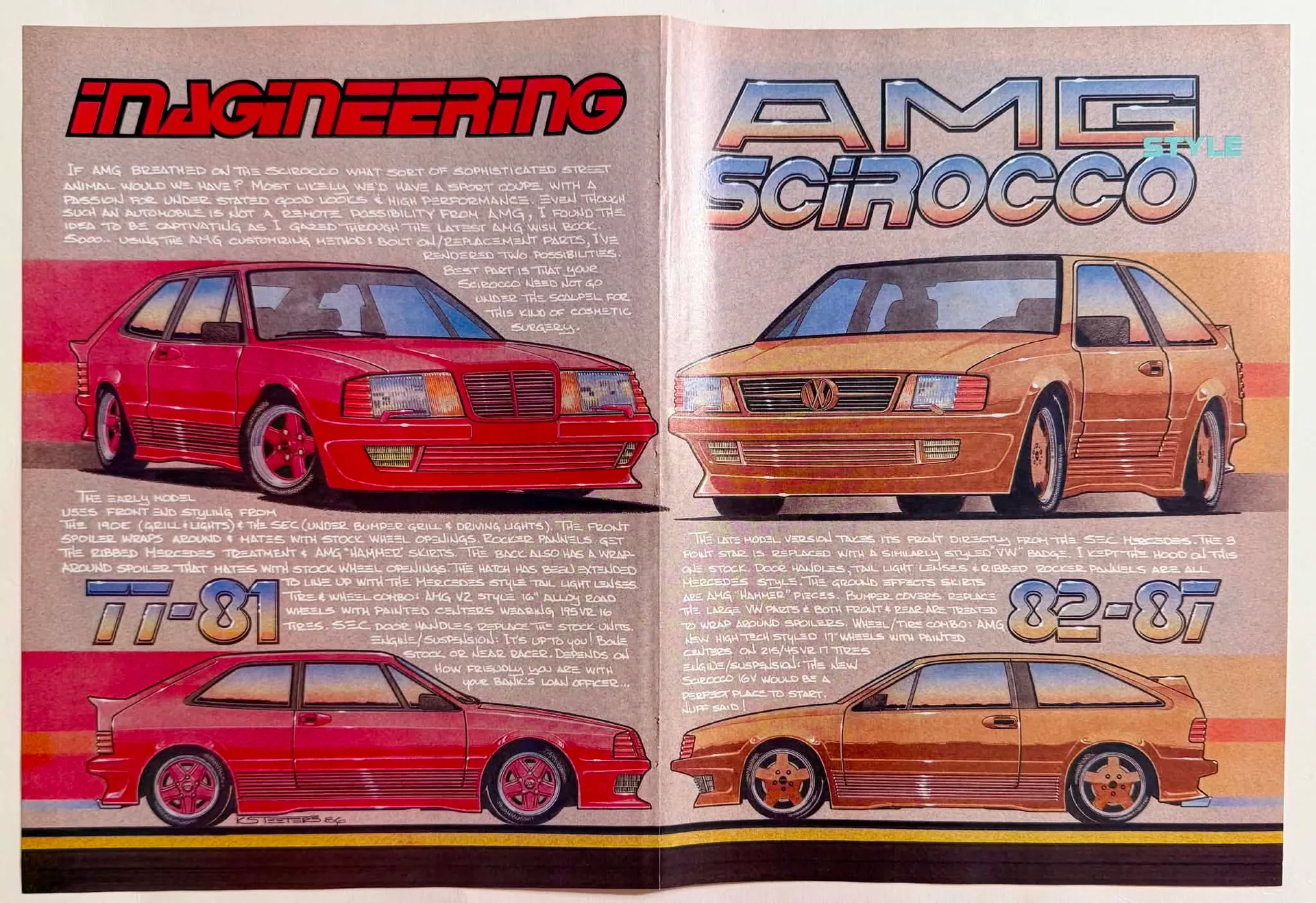 Two-page magazine spread featuring conceptual automotive illustrations of red and bronze Volkswagen Sciroccos with Mercedes AMG styling modifications, signed K.S. Teeters 86.
