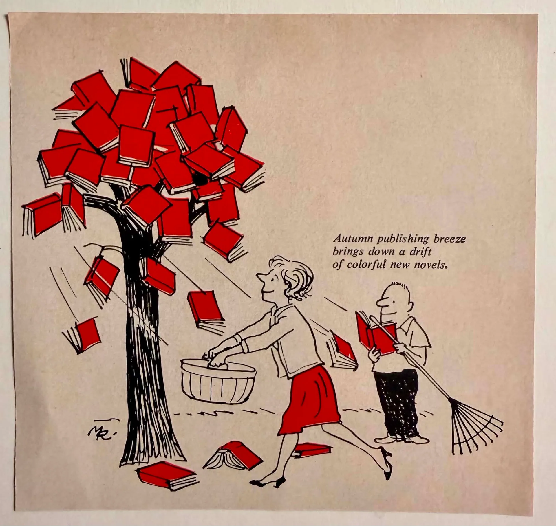 A mid-century cartoon illustration depicting a stylized tree whose leaves are entirely solid red books. As the books fall from the branches like autumn foliage, a woman in a red skirt and heels excitedly catches them in a wicker basket. To her right, a balding man holding a rake stands amid the fallen books, engrossed in reading one. The text on the right reads, "Autumn publishing breeze brings down a drift of colorful new novels." The artist's initials, "MR", are visible near the base of the tree.