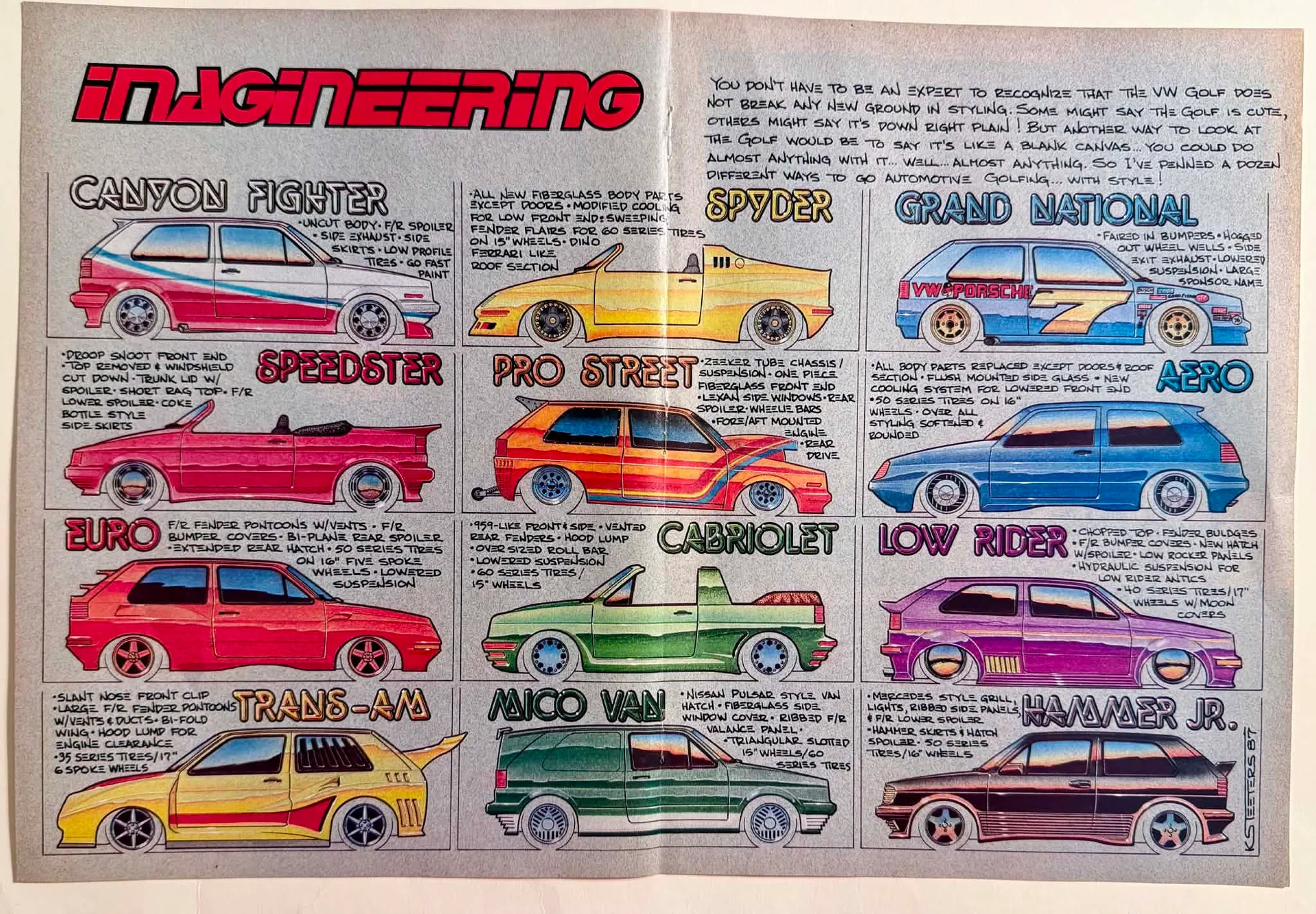 Two-page magazine spread featuring twelve highly detailed conceptual illustrations of modified Volkswagen Golfs, rendered in marker and airbrush, signed K.S. Teeters 87.