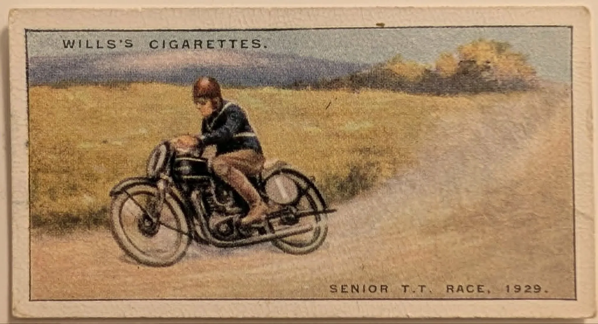A vintage, horizontal cigarette card titled "Senior T.T. Race, 1929" issued by Wills's Cigarettes. The front features a color illustration of a motorcyclist, Charlie Dodson, riding a black Sunbeam motorcycle with the racing number "1" on a dirt track, kicking up a large plume of dust against a backdrop of green fields and distant hills. The reverse features bold text reading "SPEED" and "W.D. & H.O. WILLS," along with biographical details of Dodson's racing victories.