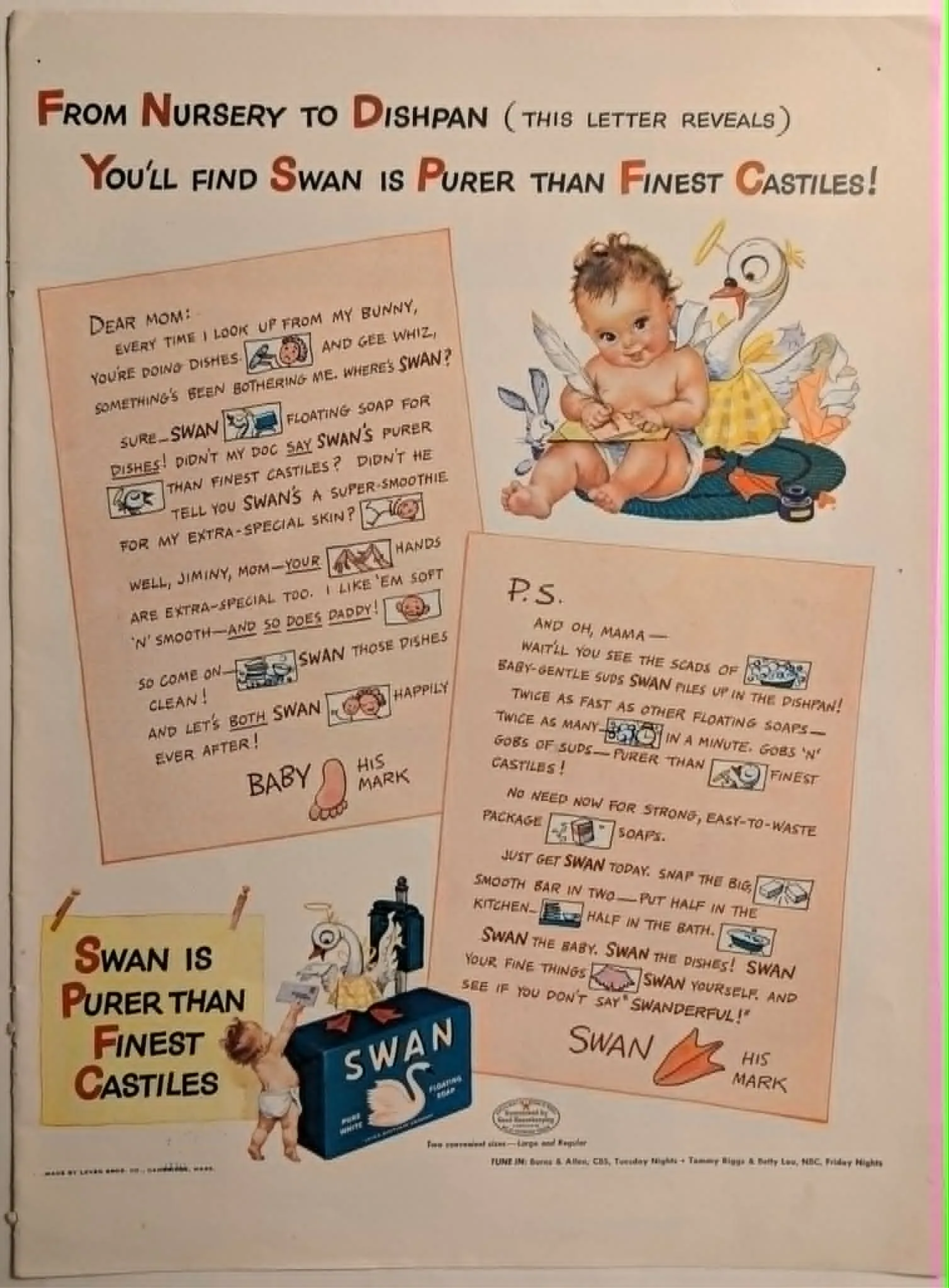 1942 Swan Floating Soap vintage advertisement featuring an illustrated baby and swan writing a letter.