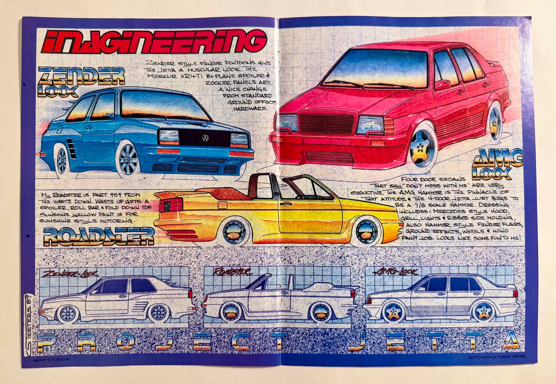 Two-page magazine spread featuring hand-drawn marker illustrations of three heavily modified Volkswagen Jetta concepts titled "Project Jetta", signed K. Steeters.
