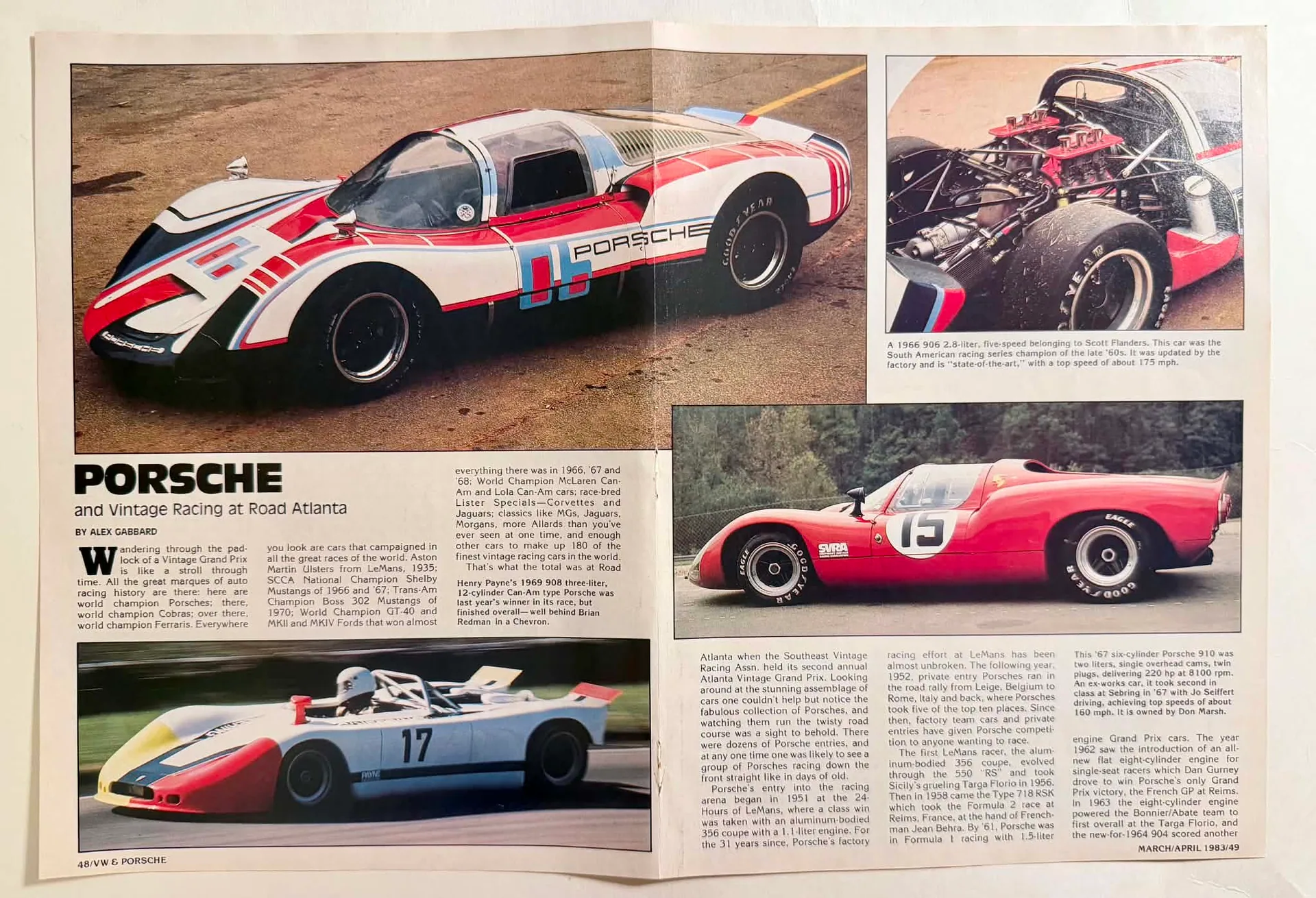 Two-page magazine spread featuring color photographs of vintage Porsche racing cars at Road Atlanta, titled by Alex Gabbard.