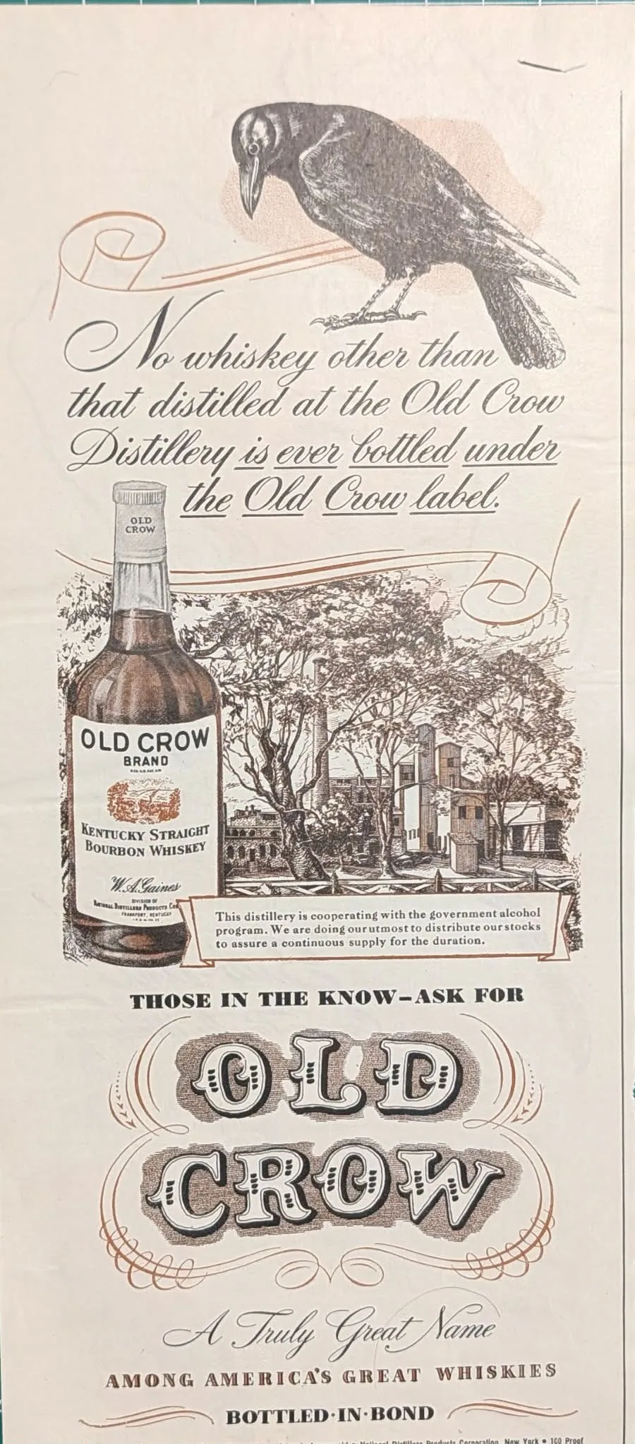 1943 Old Crow Kentucky Straight Bourbon Whiskey vintage advertisement.
