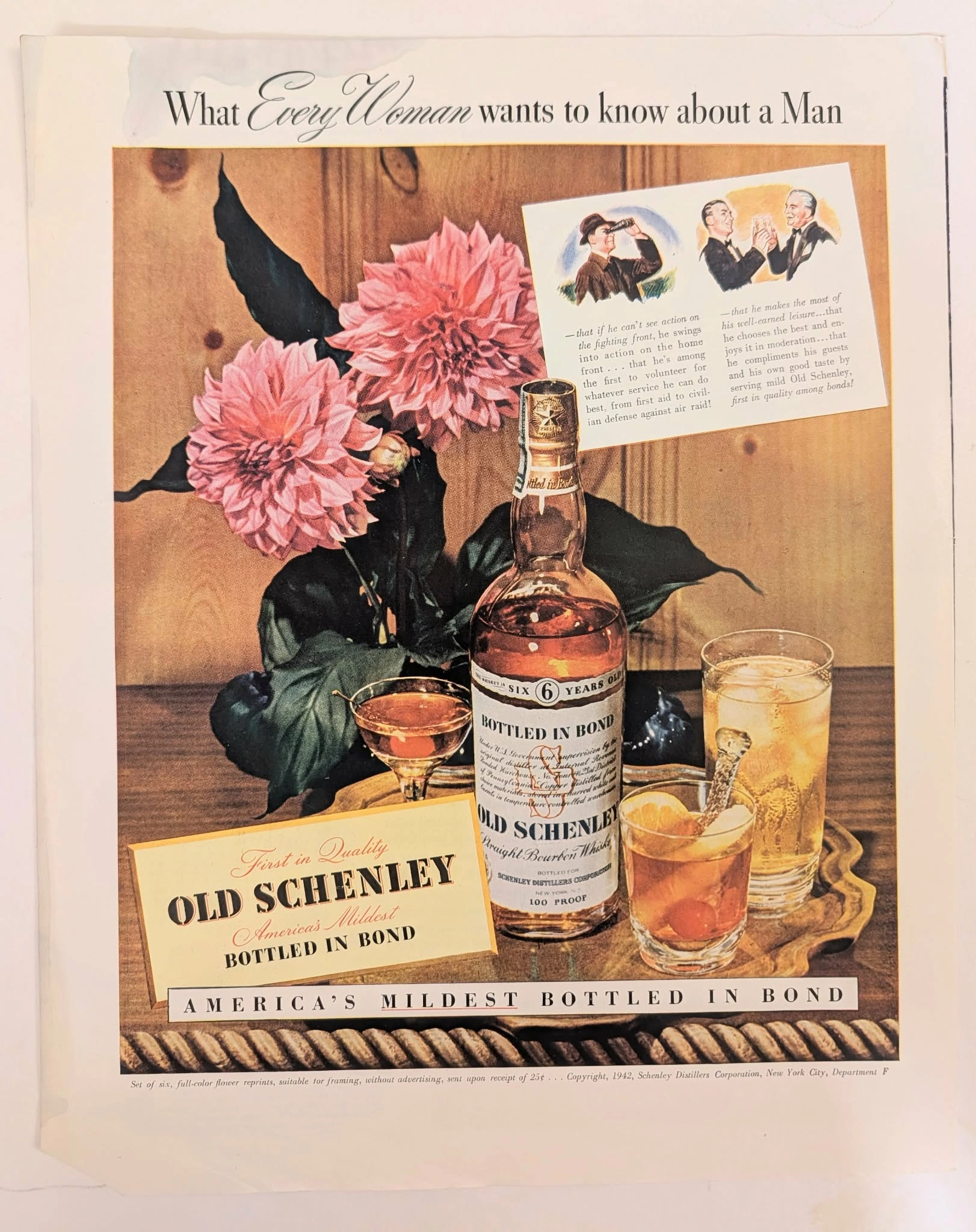1942 Old Schenley Straight Bourbon Whiskey vintage advertisement.