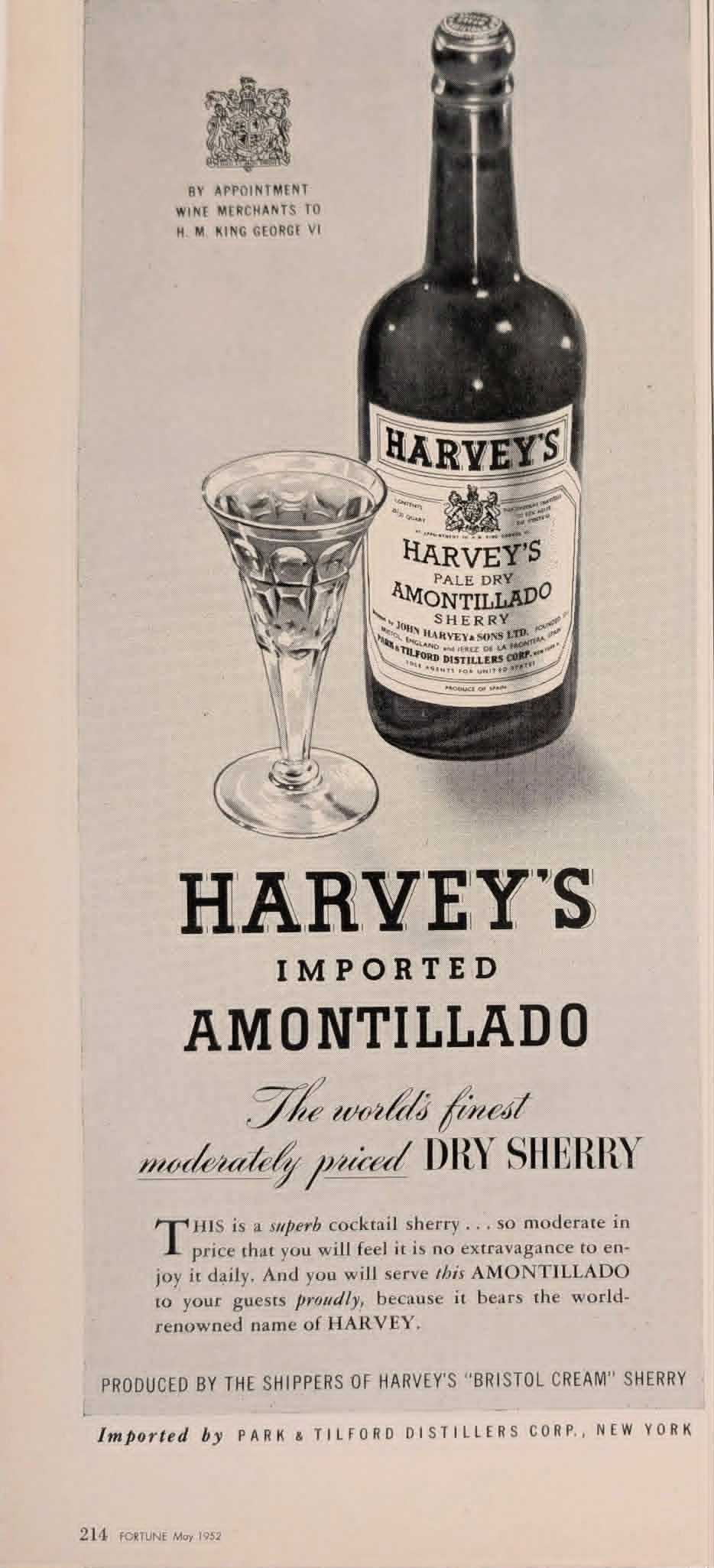 1952 Harvey's Amontillado Sherry vintage advertisement.