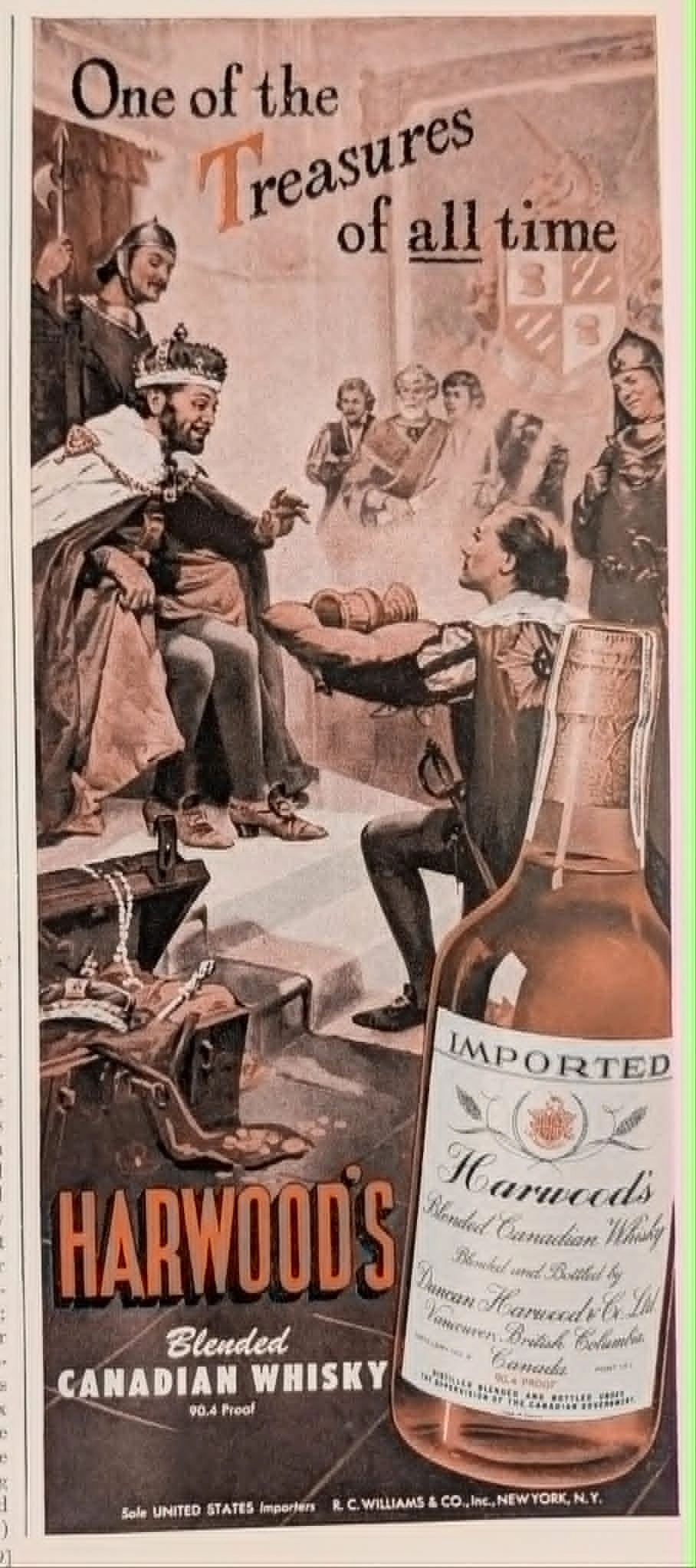 1940s Harwood's Blended Canadian Whisky vintage ad featuring the "Treasures of all time" royal campaign.