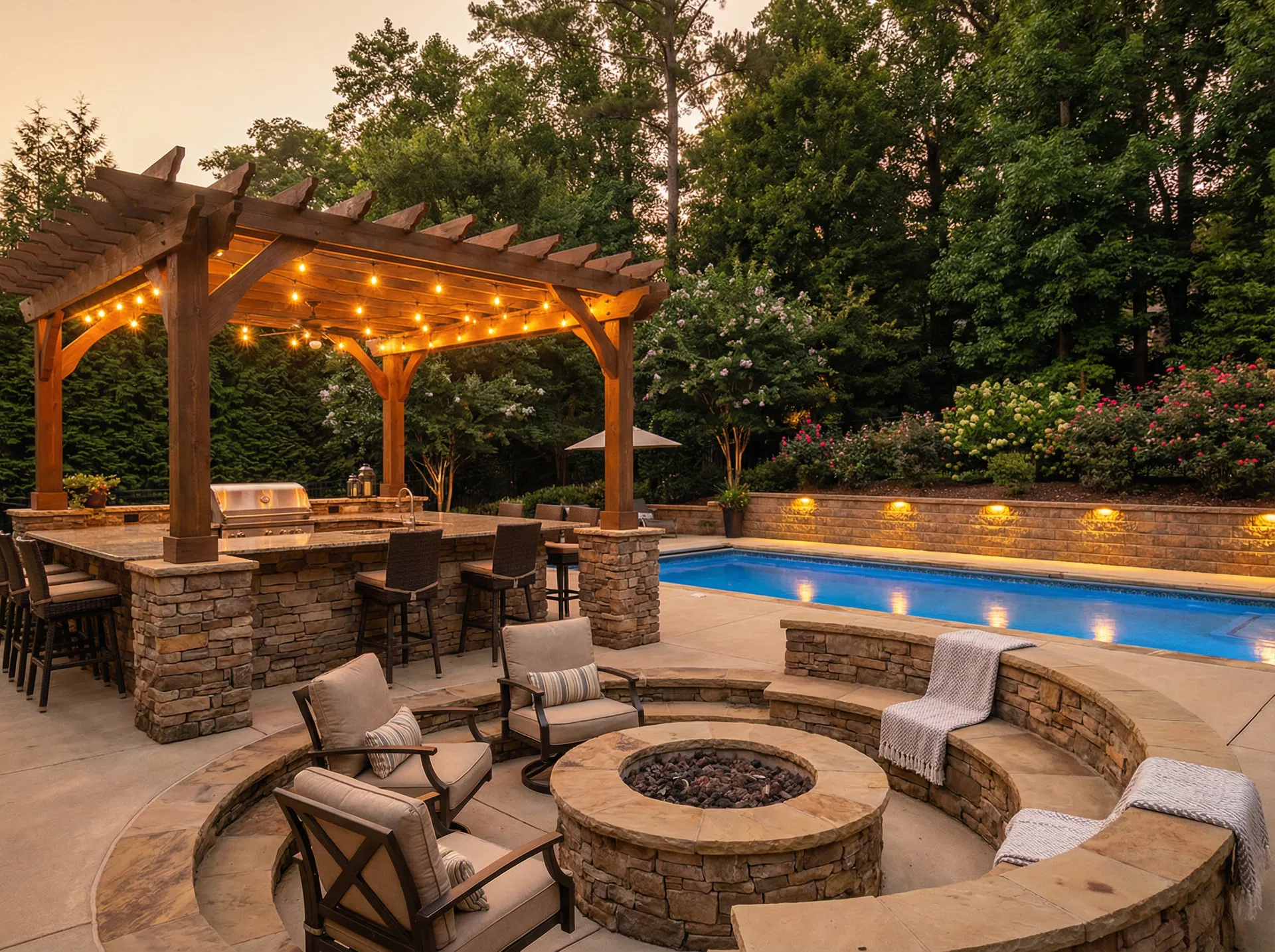 Luxury outdoor living space with pool, pergola, outdoor kitchen and fire pit