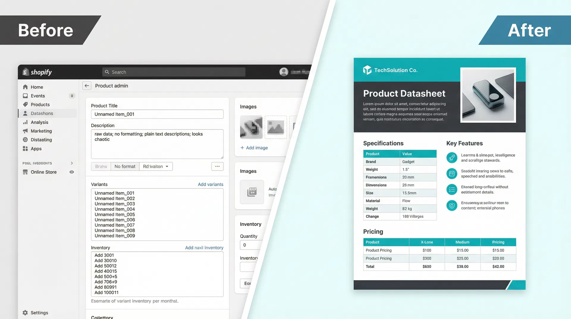 Before and after: messy Shopify data vs. professional LitPDF datasheet